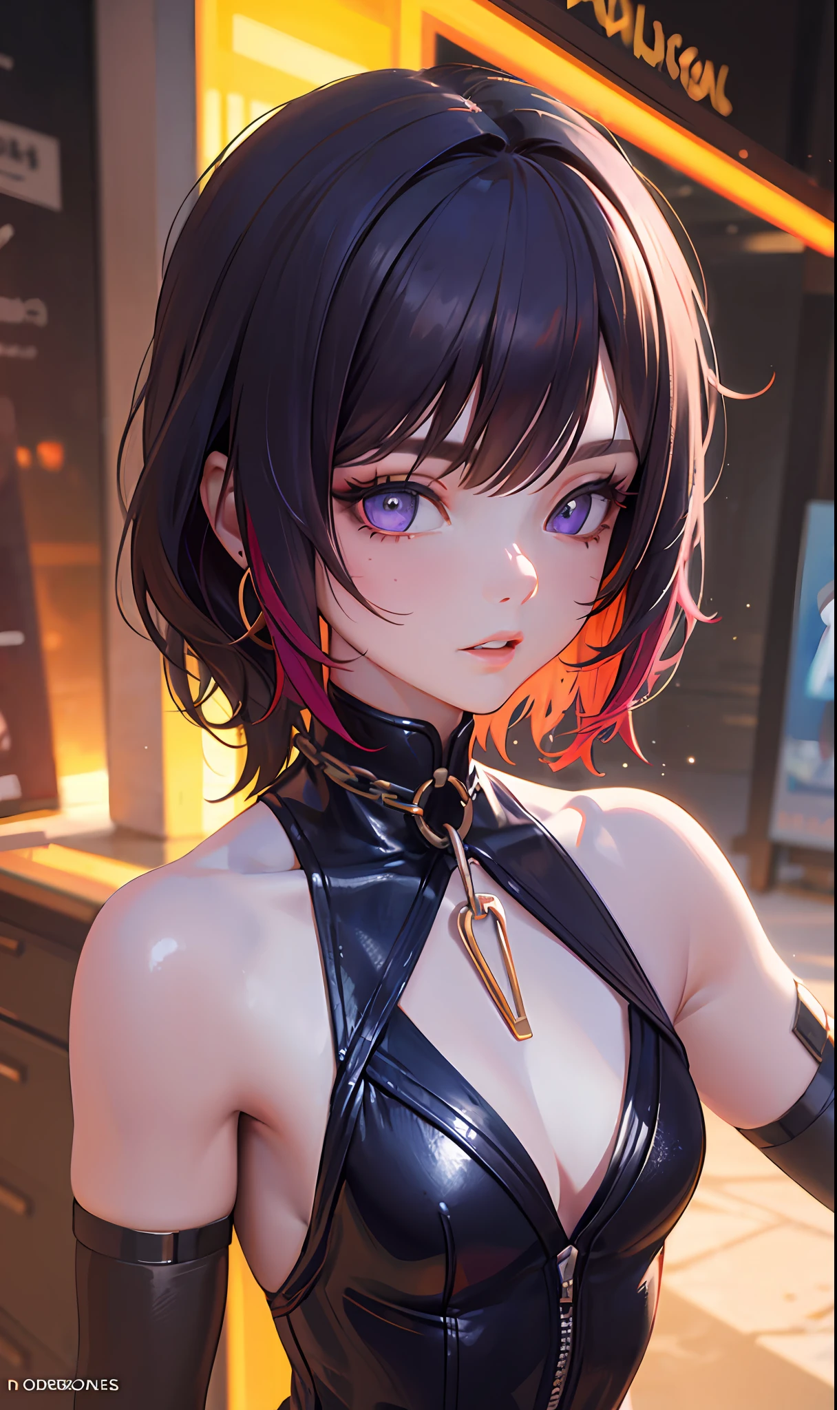 (masterpaintings,Sideslit,Beautiful eyes:1.2),(masterpaintings*sportrait),sportrait,busts,(busts),Lifelike,Anatomical correct,3D脸,luscious skin,(solo),Hair with pick-dye,Gradient hair,(closeup of face),Lovely face,(Fire opal-like purple eyes),Hanging eye corners,((highdetailedskin,Visible pores)),(Perfect body),A beautiful girl,Cleavage small breasts,((high leotard)),(neck rings),very short gloves,(chain)