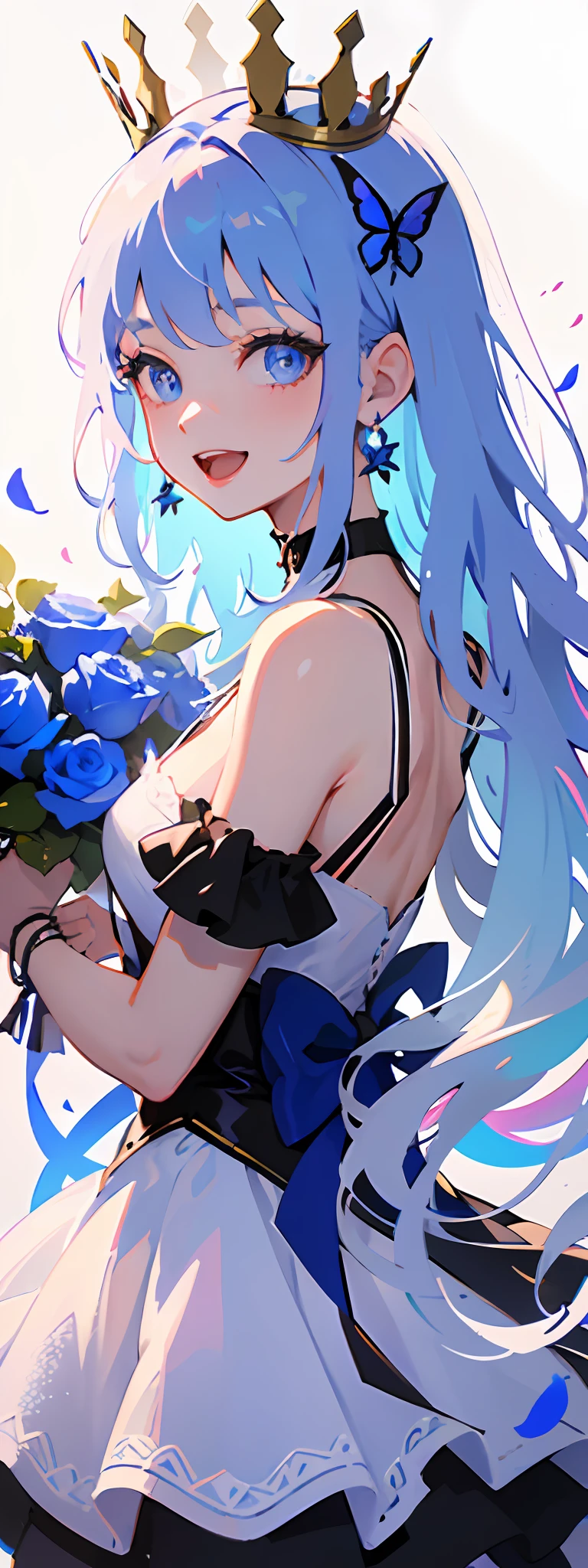 ( ✌:1.5) 1girl, flower, bouquet, white hair, blue flower, hair ornament, blue eyes, dress, solo, rose, smile, long hair, blue rose, holding bouquet, white dress, holding, looking at viewer, butterfly, open mouth, multicolored hair, bug, gradient hair, sleeveless, blush, crown, white background, very long hair, blue hair, :d, virtual youtuber, bangs, hair flower, bare shoulders, earrings, hairclip, jewelry, sleeveless dress, simple background, choker, veil, ribbon, mini crown ,torino aqua,ski style