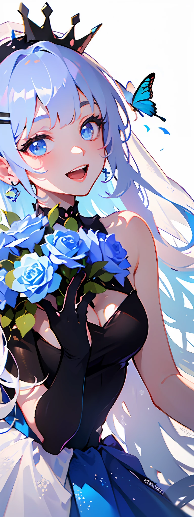 ( ✌:1.5) 1girl, flower, bouquet, white hair, blue flower, hair ornament, blue eyes, dress, solo, rose, smile, long hair, blue rose, holding bouquet, white dress, holding, looking at viewer, butterfly, open mouth, multicolored hair, bug, gradient hair, sleeveless, blush, crown, white background, very long hair, blue hair, :d, virtual youtuber, bangs, hair flower,  shoulders, earrings, hairclip, jewelry, sleeveless dress, simple background, choker, veil, ribbon, mini crown ,torino aqua,ski style