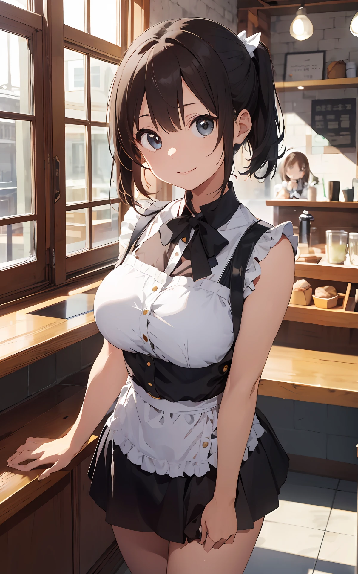 最好质量、1girl in、maid、garterbelts、sora、a cute 、Lustrous skin、24 years old、Shines、High contrast、Tempting、Sensual milf, Relaxing in a café、Stylish café、 big tit、White blouse、Black skirt、Sleeveless、White headband、short cut hair、Random angles、Smiling and mouth closed、Brown hair、Very beautiful eyes、Brown eyes、Attractive thighs、Cute costumes、24years old