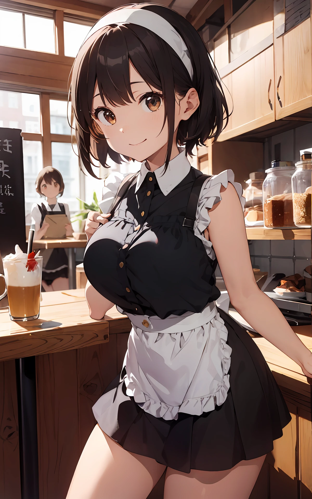 最好质量、1girl in、maid、garterbelts、sora、a cute 、Lustrous skin、24 years old、Shines、High contrast、Tempting、Sensual milf, Relaxing in a café、Stylish café、 big tit、White blouse、Black skirt、Sleeveless、White headband、short cut hair、Random angles、Smiling and mouth closed、Brown hair、Very beautiful eyes、Brown eyes、Attractive thighs、Cute costumes、24years old