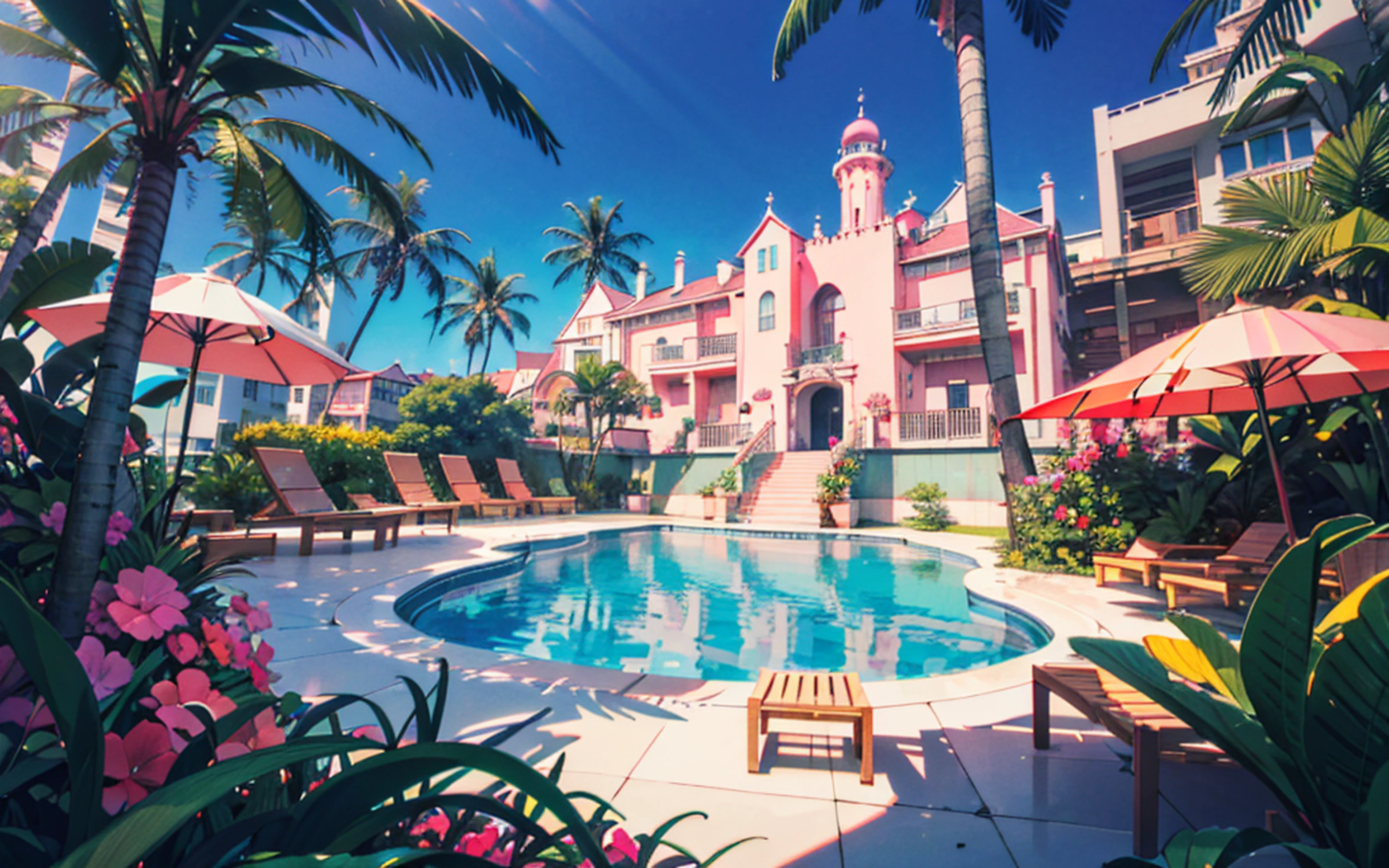 The pink castle is on the right,There is a swimming pool with sun loungers in the middle of the castle,There are stairs, vaporwave mansion, in a candy land style house,Pink beach loungers on the left side of the pool,Surrounded by coconut palms and grass,Plenty of sunshine,beautiful weather,Bright colors,Pink World,vaporwave mansion, jen bartel, Relaxing concept art, Stylized concept art, 3 d render stylized, rossdraws global illumination, art deco outrun anime aesthestic, Resort, ross tran. scenery background, stylized 3d render, author:Seb McKinnon, 3 d stylize scene,Pink coconut tree