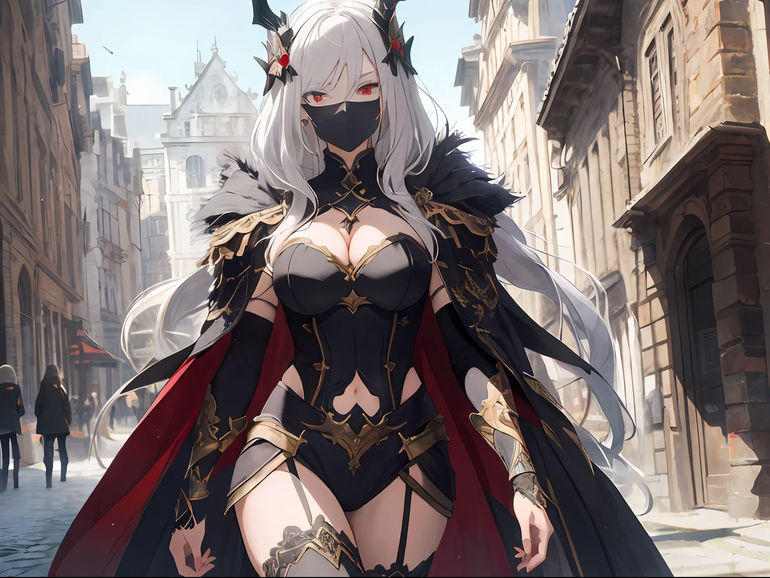 Mature girl ,Red eyes,gray hairs,Portrait showing thighs up,being thin,short sword,Europeans,enchanted,Pale skin,Mask mask,Long white hair,Gorgeous accessories,masterpaintings,sexy cleavage,Black armor,Slender,Parted bangs,Stone building in the background