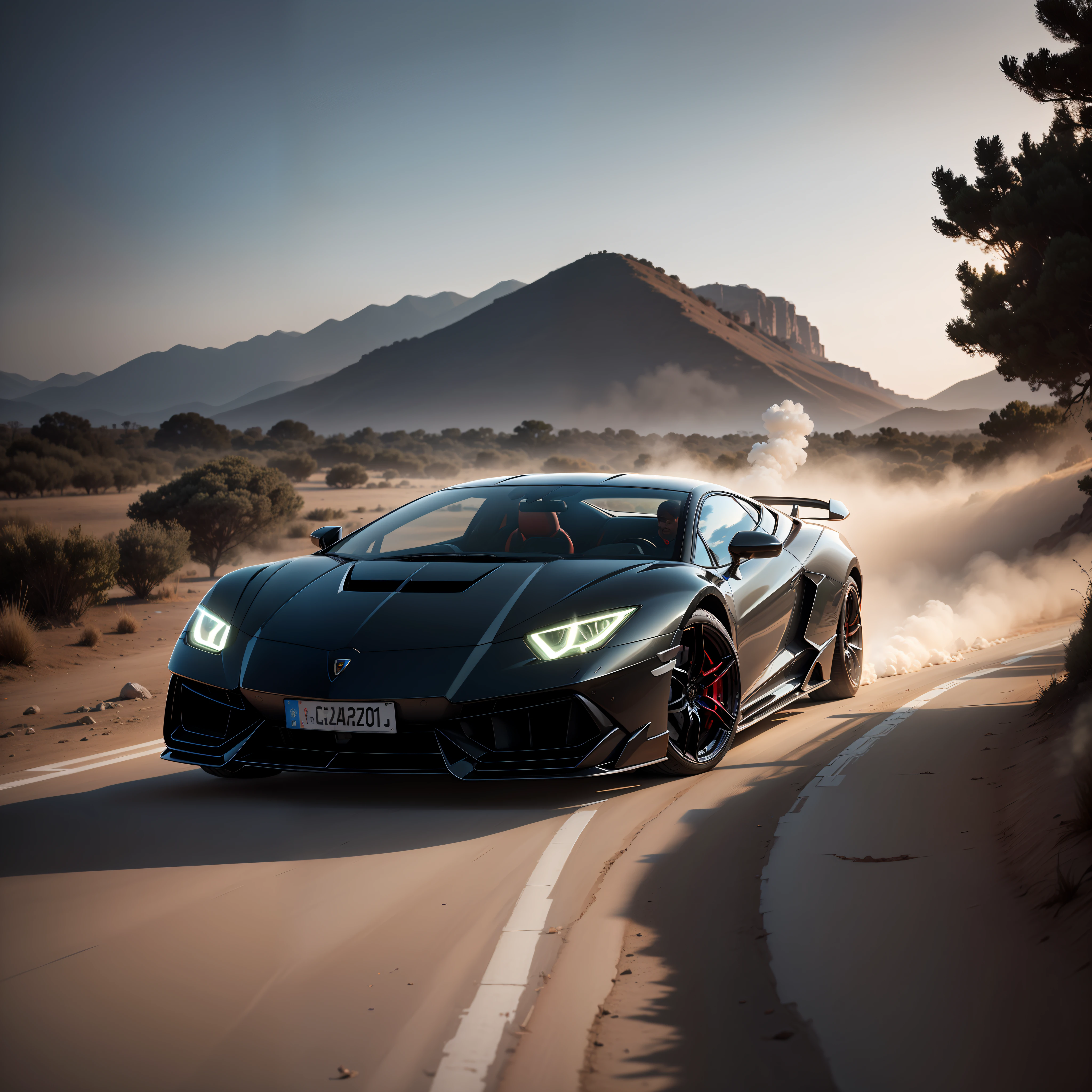 (4k, irreal 5, intrincate details),vista frontal,Lamborghini super sport em preto e dourado, tire smoke trail, Fotografia 60mm.