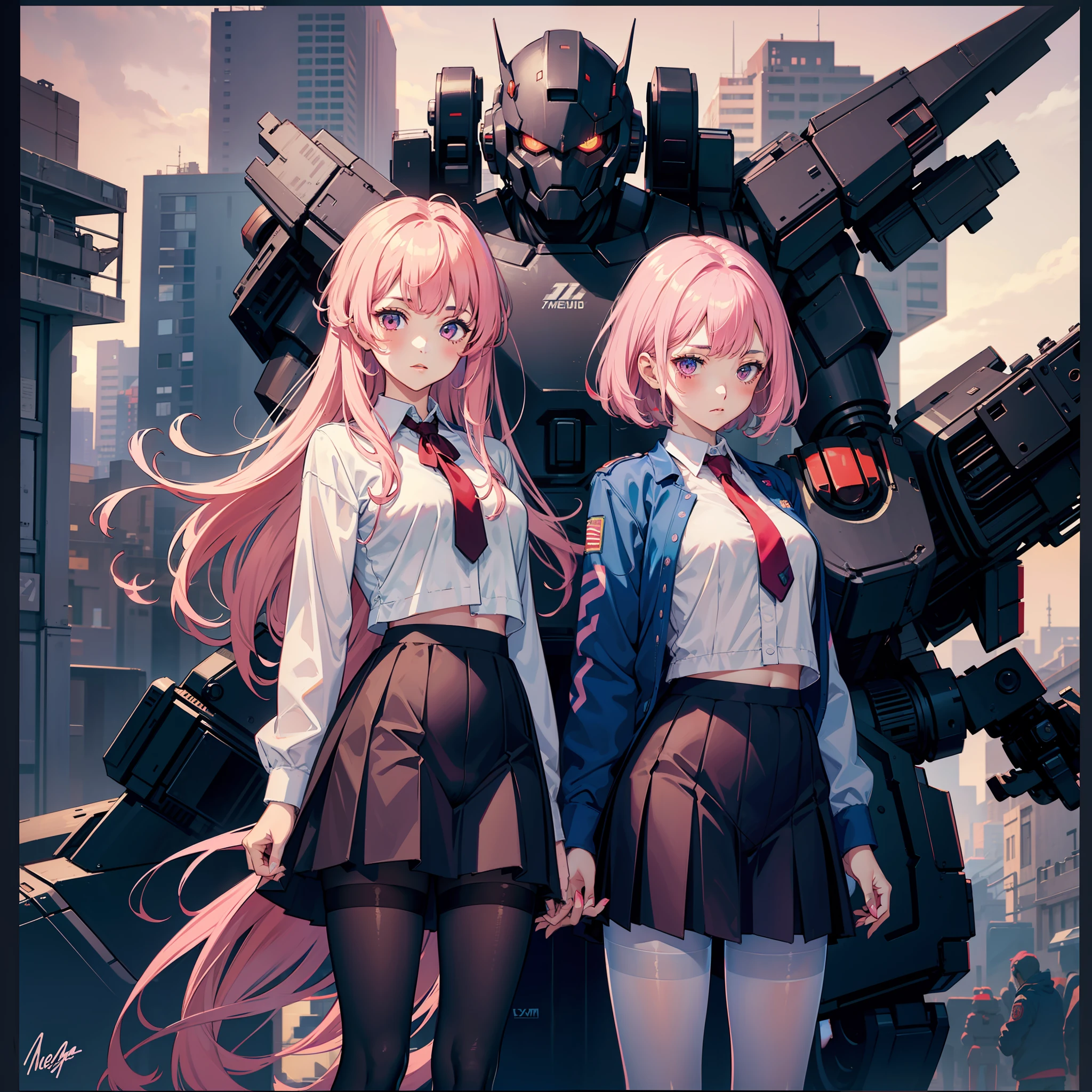 1girl, underwear, pink_hair, panties, outside_border, mecha_musume, pantyhose, signature, skirt, thighband_pantyhose, two-tone_background, panties_under_pantyhose, mecha, character_name