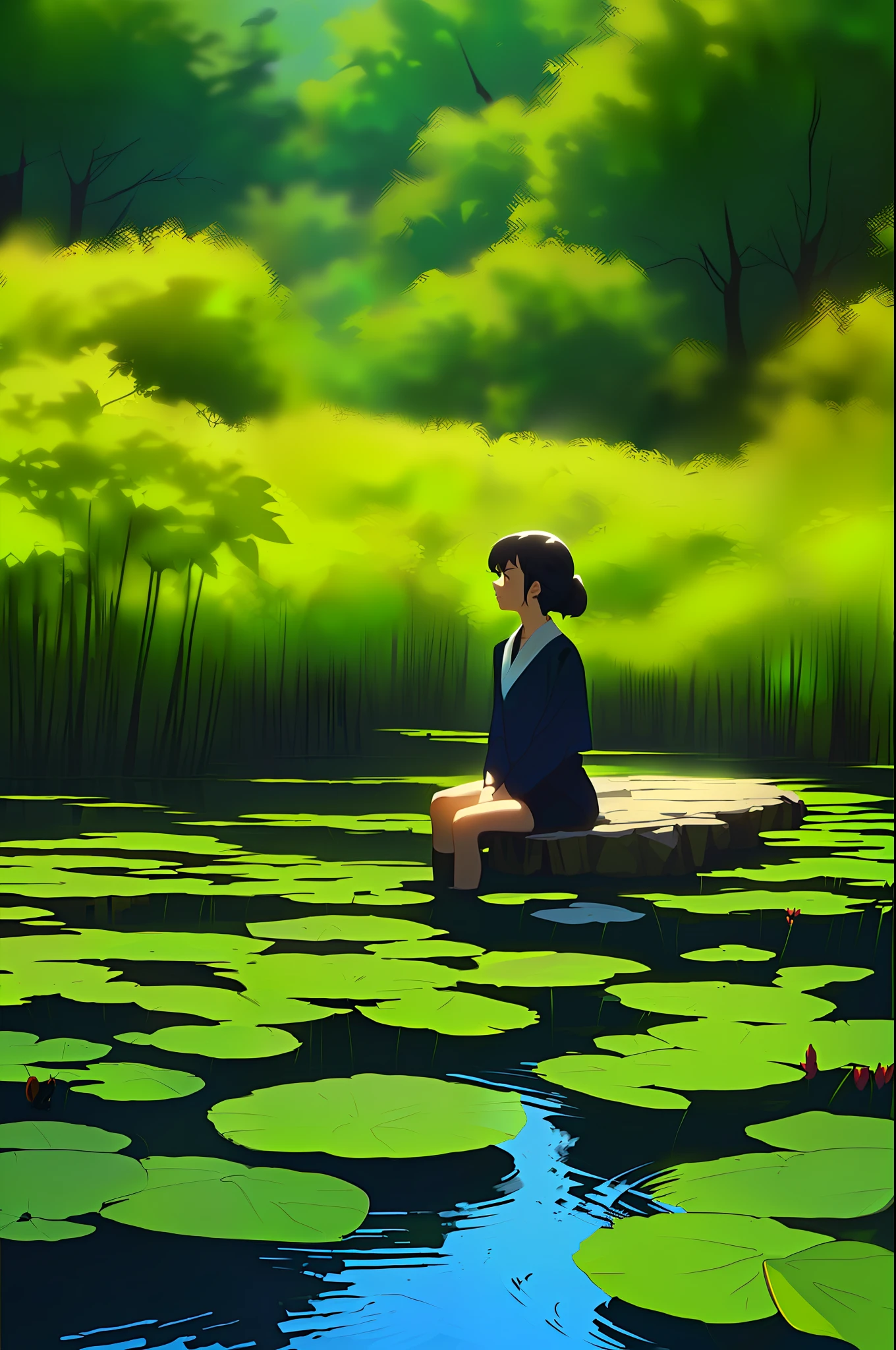 a woman sitting on a leaf in a pond surrounded by water lilies, relaxing concept art, by Li Song, by Yang J, a beautiful artwork illustration, serene illustration, anime nature, anime lush john 8k woods, by Goro Fujita, by Atey Ghailan, anime nature wallpap, background art, atey ghailan 8 k, lofi art --auto
