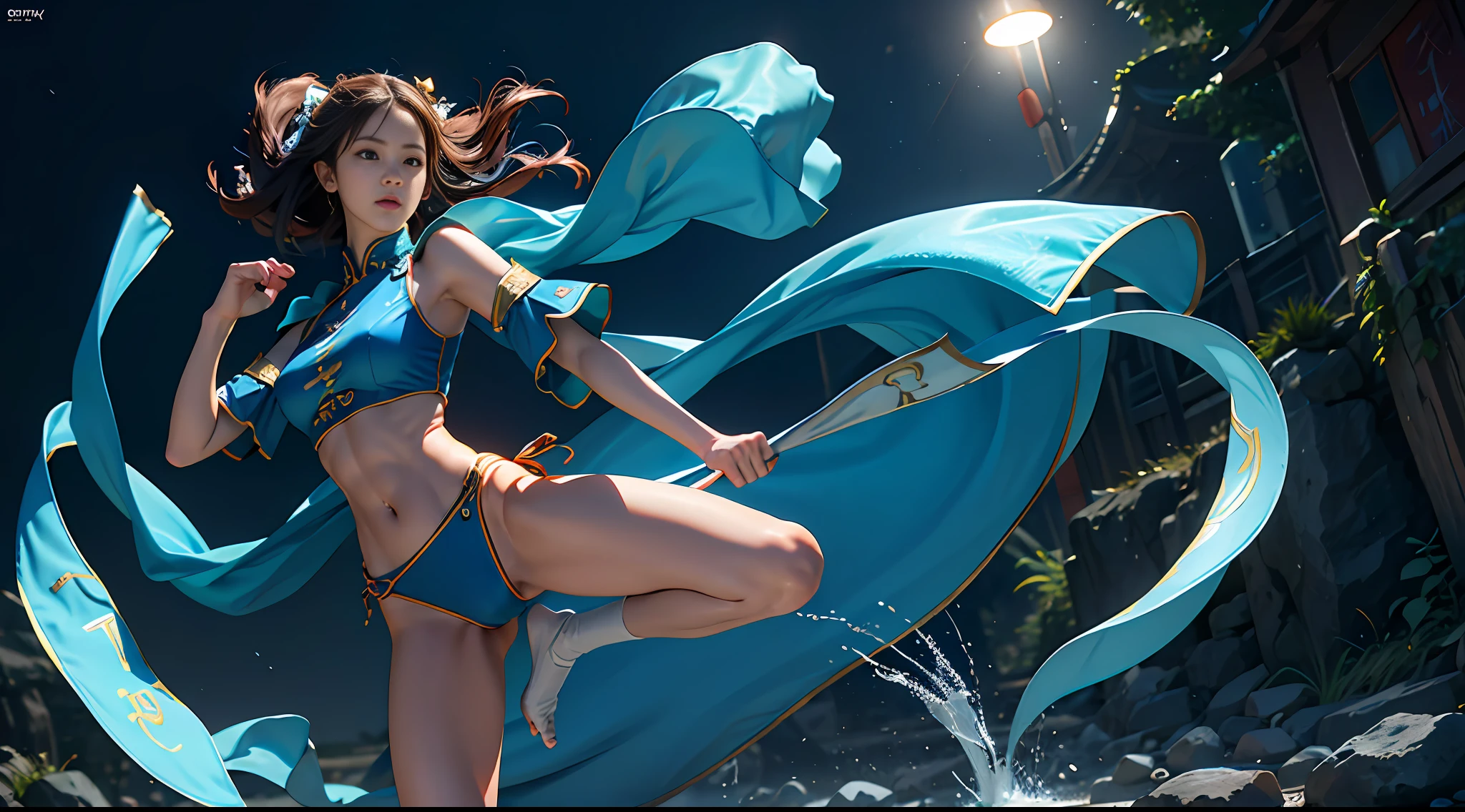 Full body shoot, photo, 1 female, (a Chinese woman, like Zhao Liying, sports body, long legs, one foot kicked into the sky, two hands made fists , firm expression, OK ), (perfect face), (perfect eyes), (perfect fingers), (perfect feet), (perfect arms), detailed collarbone, detailed vest line, detailed face, detailed body, detailed muscles, detailed skin, abs, curves, HDR, detailed, sports line, cinematic lighting, depth of field, from below, 10mm, canon, perspective shortening, best quality, 4k, 8k, masterpiece