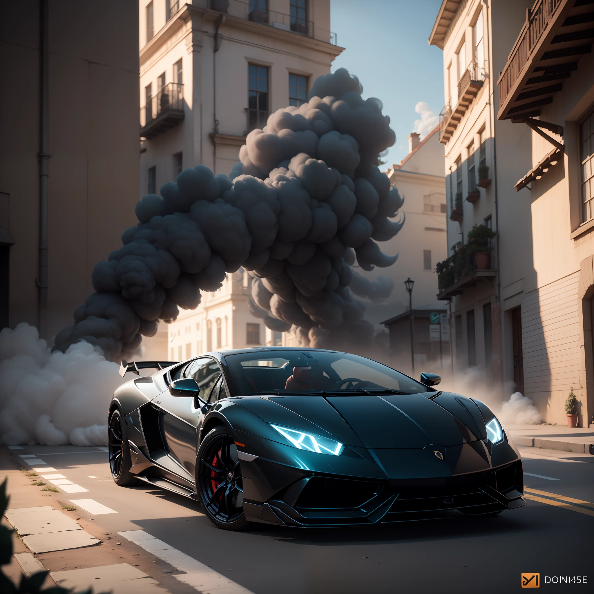 (4k, Unreal 5, intrincate details),vista frontal,Lamborghini super sport em preto e dourado, tire smoke trail, Fotografia 60mm.