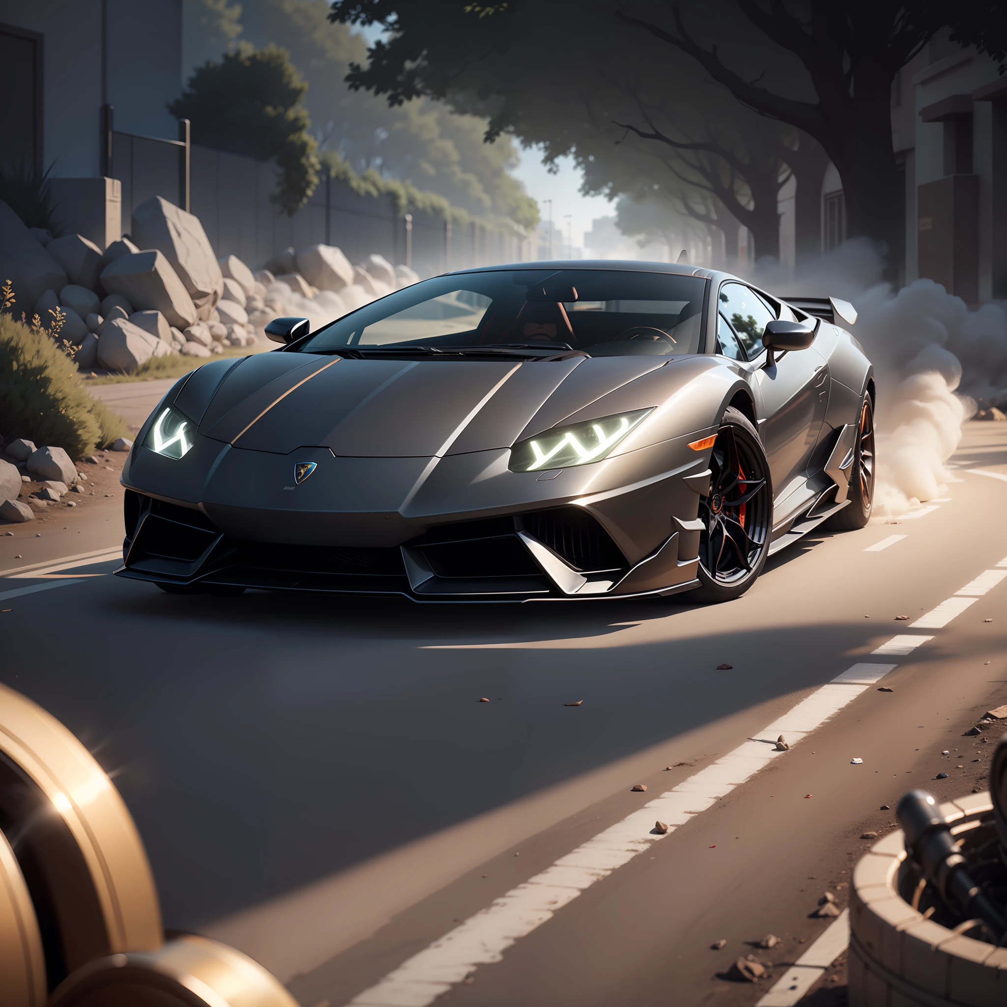 (4k, Unreal 5, intrincate details),vista frontal,Lamborghini super sport em preto e dourado, tire smoke trail, Fotografia 60mm.