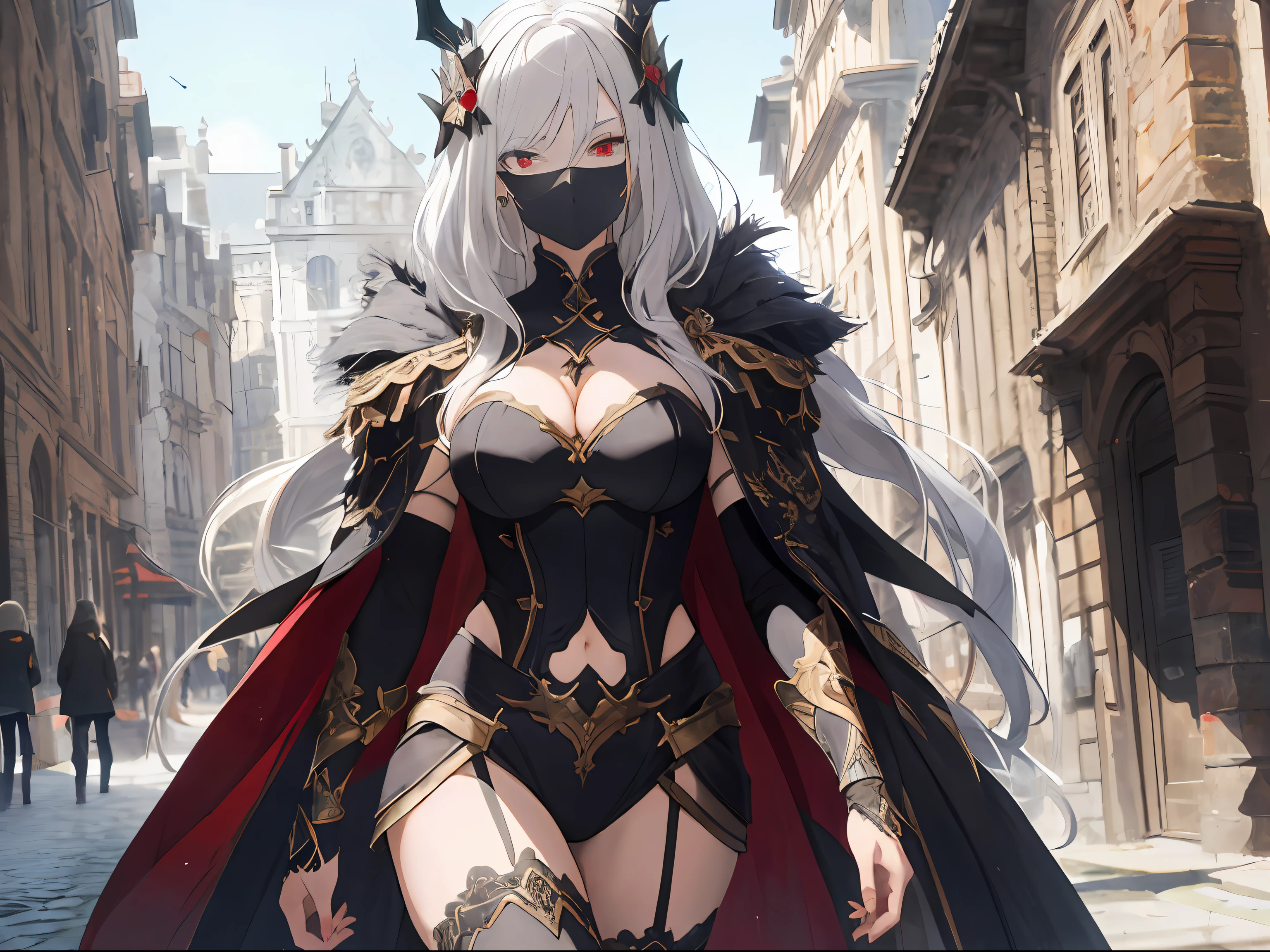 Mature girl ,Red eyes,gray hairs,Portrait showing thighs up,being thin,short sword,Europeans,enchanted,Pale skin,Mask mask,Long white hair,Gorgeous accessories,masterpaintings,sexy cleavage,Black armor,Slender,Parted bangs,Stone building in the background