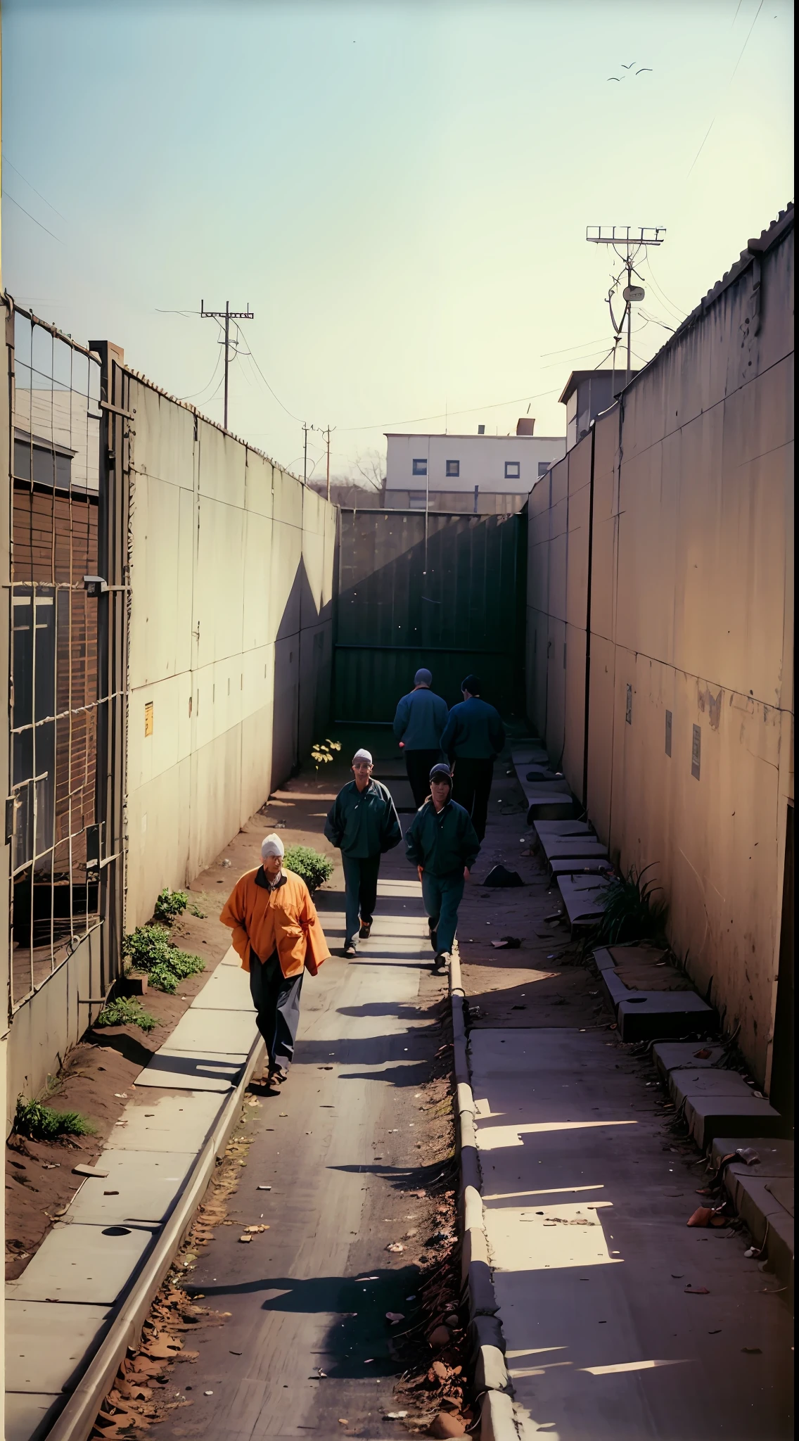 prison yard, 1980s, prisoners in yard, walking, training, surrounded with fence and big walls