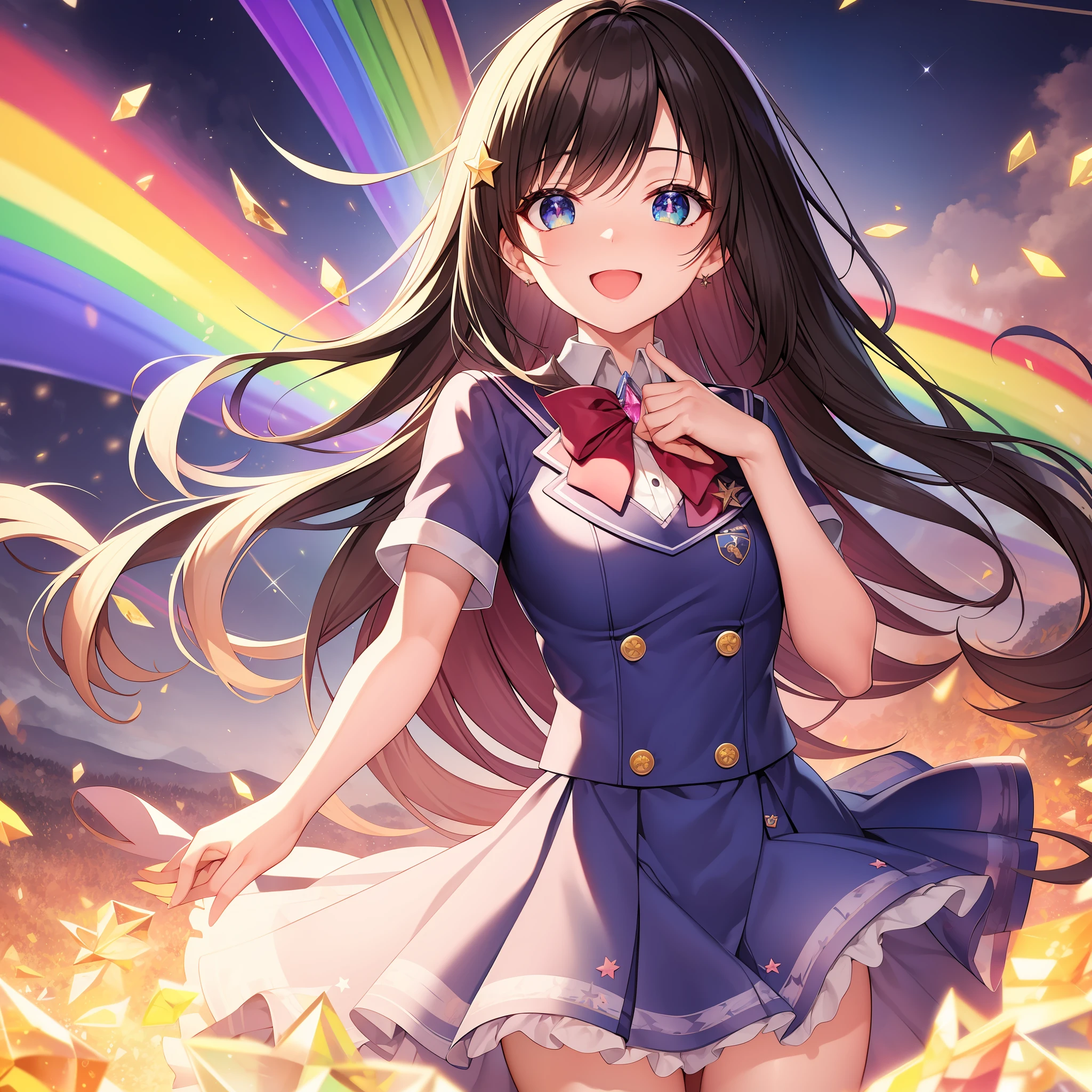 Chest out, absurdist, superfine illustration,rainboweffect, Hi-Def, superdetailed,Light diffusion,highly detailed light reflection, Kaleidoscope, harmonious, Best Shadow, highly detailed very beautiful big smile face, ;D, beautiful growing crystal diamond star pupil,see viewer, beautiful detailed hair, Solo, Dynamic Pose, beautiful detailed pink and black ribon, beautiful detailed High school uniform, Fantastic and sparkling throughout、Shooting stars and windy background detail background