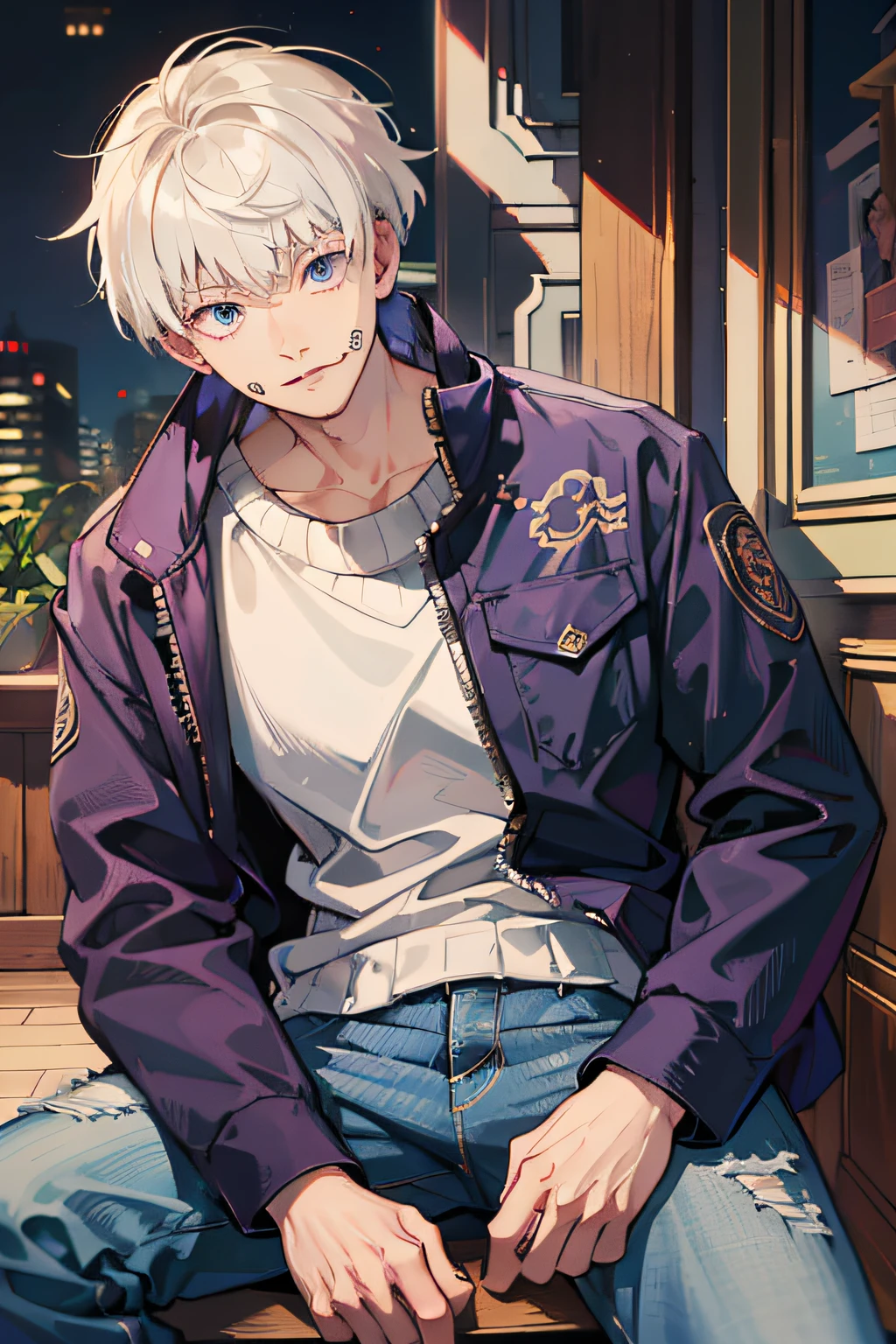 (absurdres, highres, ultra detailed, HDR), masterpiece, best quality, 1boy, solo, handsome, short hair, Jinguji Ren, facial tattoo, white hair, black jacket, jeans, closed mouth, pickpocket