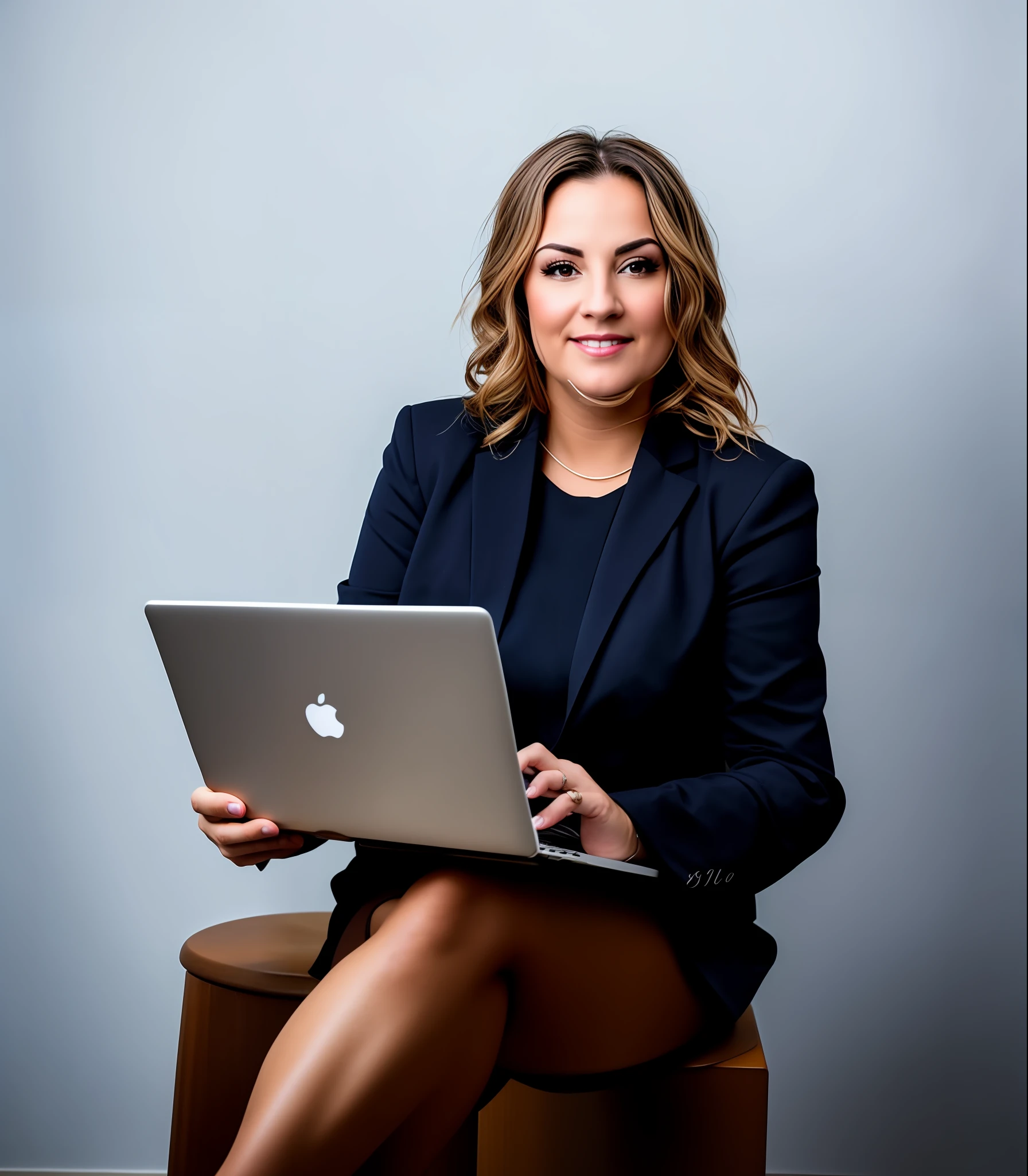 woman sitting on a stool with a laptop computer in her lap, foto de perfil profissional, retrato profissional, foto retrato profissional, Foto profissional detalhada, imagem profissional, fotografia de retrato profissional, foto de perfil profissional, imagem de perfil, imagem profissional, retrato corporativo profissional, amazing professional picture, foto de retrato, foto profissional bem iluminada, studio portrait photo, foto retrato, retrato corporativo, retrato promocional