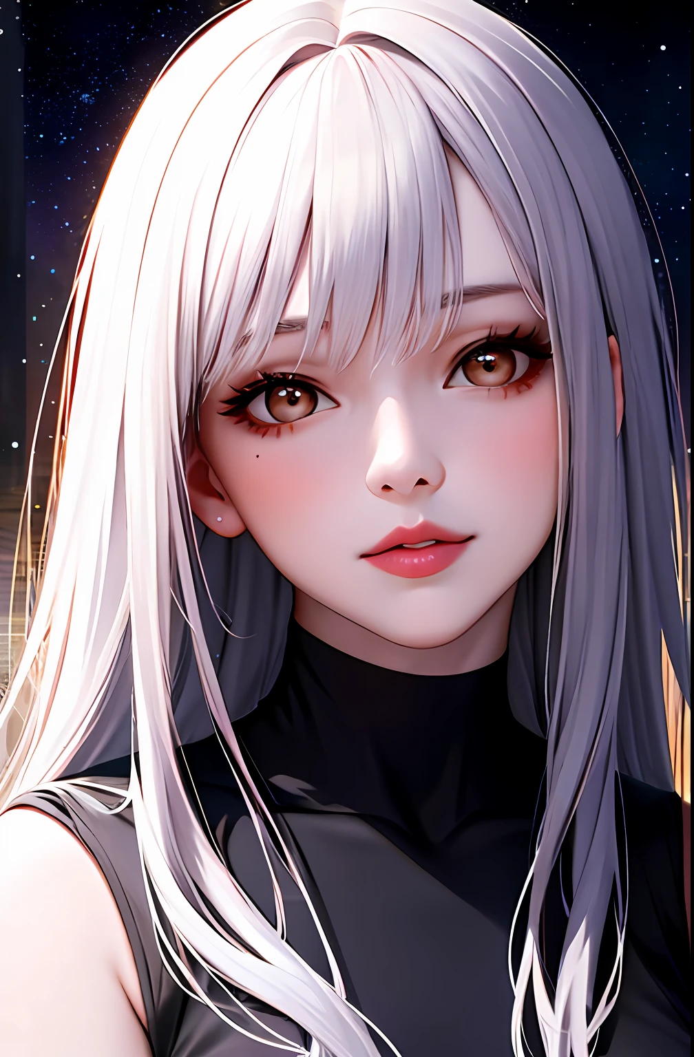 1 girl, beautiful face, ((white eyes)), sexy pose, red moon in the background, stars, space, (lightroom: 1.13), soft light, (natural skin texture: 1.2), (hyperrealism: 1.2), sharp focus, focus
