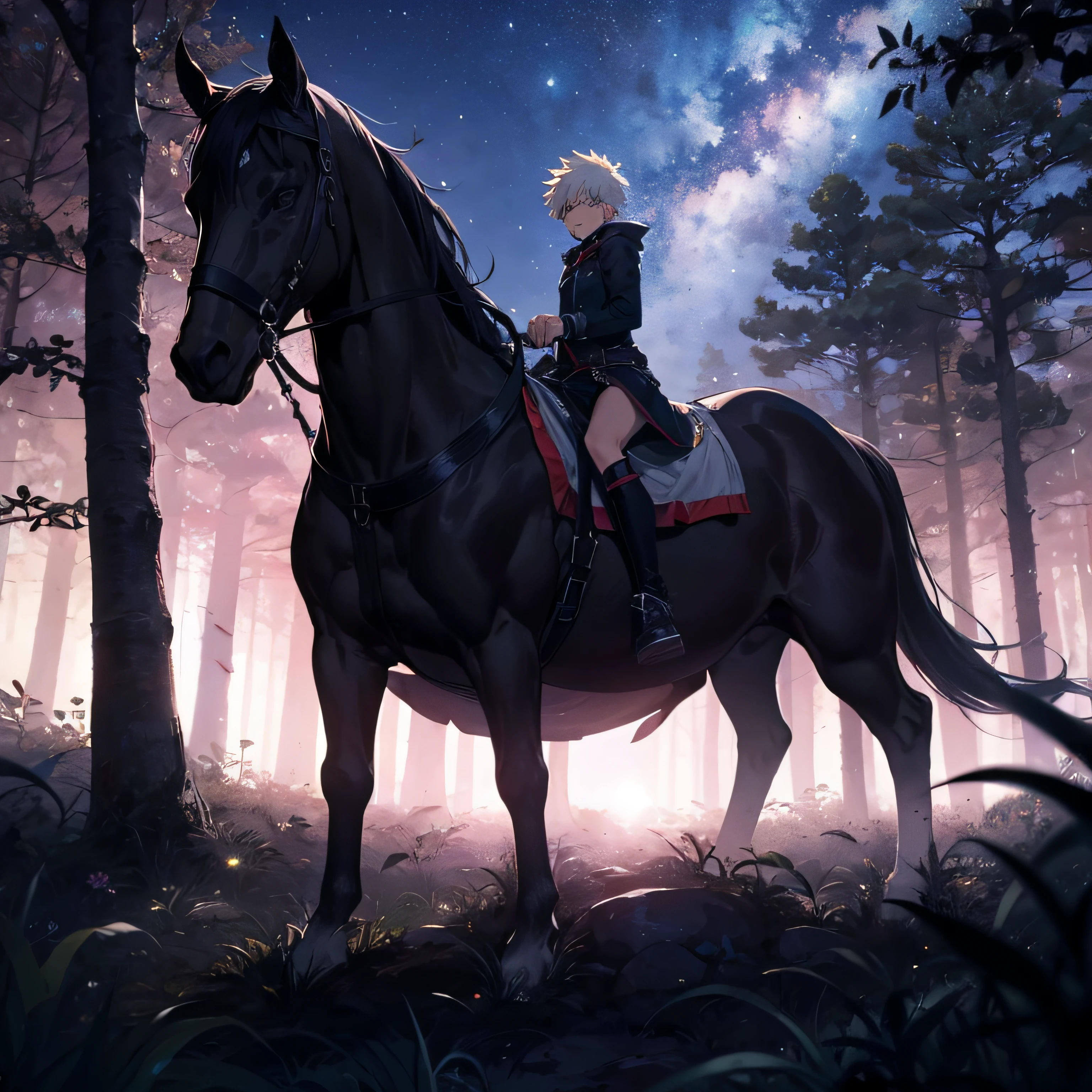 es de noche, Katsuki Bakugo vestido de aldeano del mediaval tumbado junto a un caballo negro en el suelo del bosque nocturno --auto