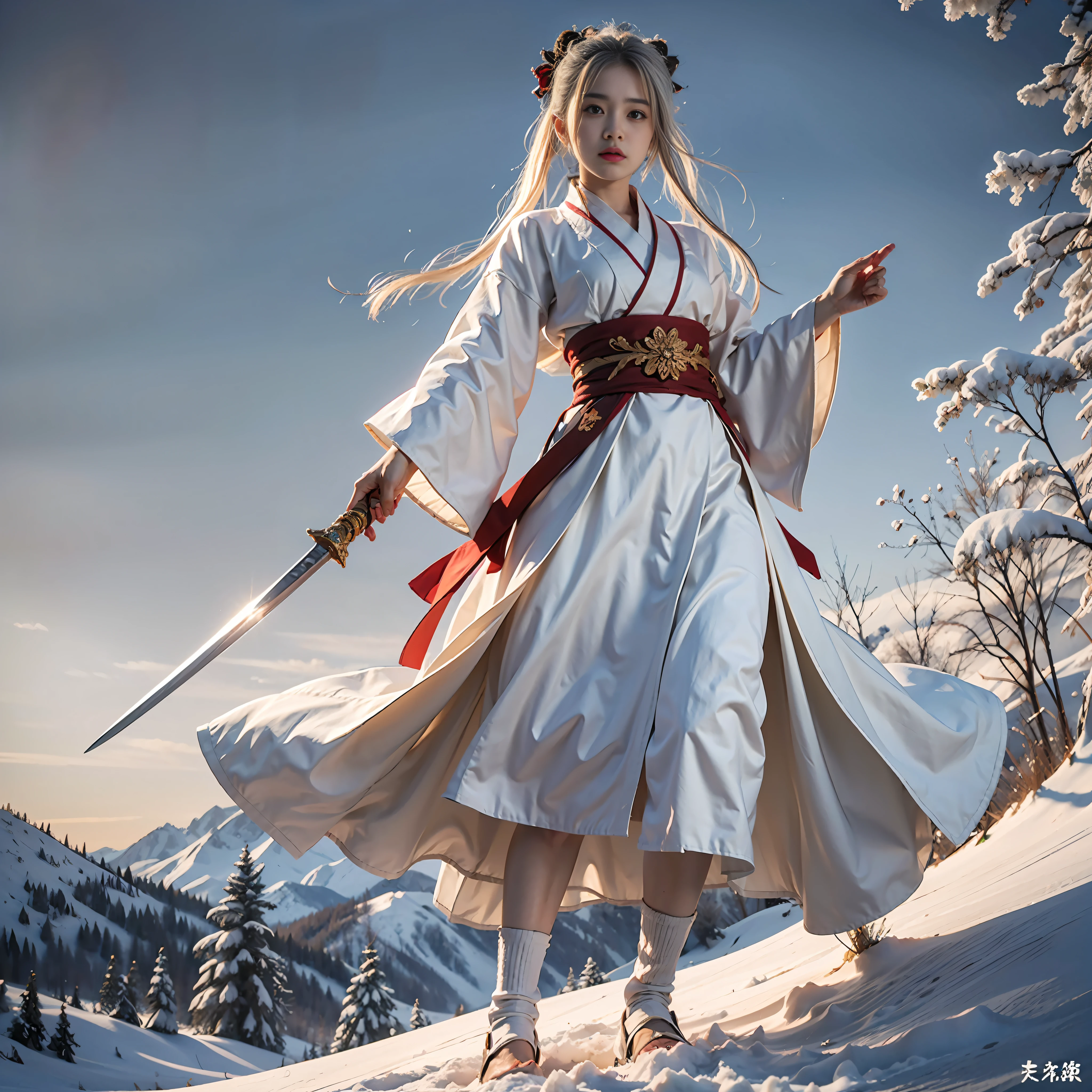 8K, super detailing, anatomicaly correct,Fighting posture, A long sword in his hand,Atmospheric light, super detailing, ultra high def, masterpaintings,On the outside,snowy mountain background,wintern,flocos de neve,On the snow,dynamic view,Full body like,scowling, rape face, White hair, disheveled hair, kanzashi, Bloodshot eyes,lightand shade contrast, from from side, Hanfu,a short skirt,Don Dao,Eyes full of details,Optimal proportions of four fingers and one thumb