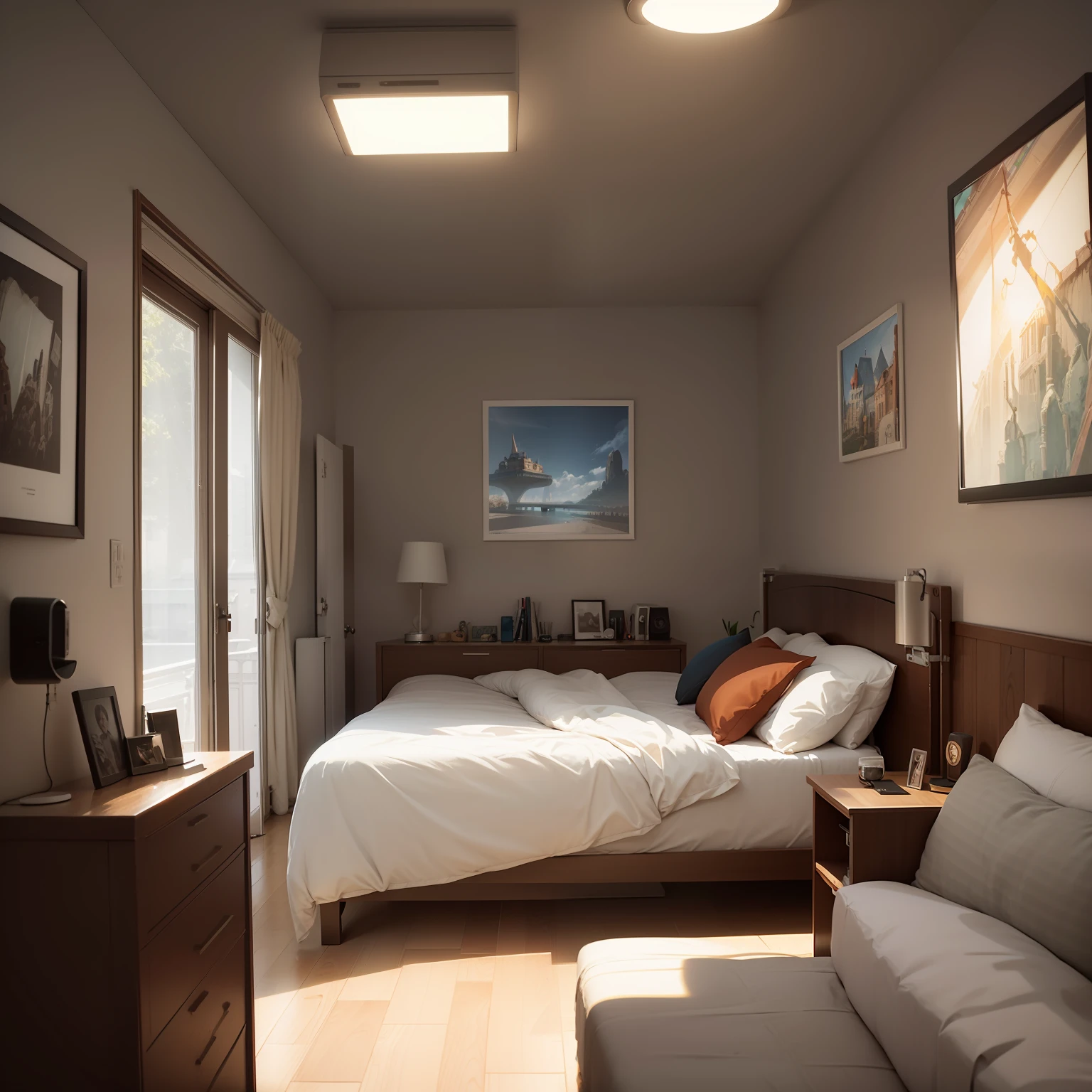 (Isometric perspective: 1.5), (Pixar style: 1.2), room, bed, sofa, (small bonsai: 0.8), lamp, TV, mural, 3D, Disney, panorama, white background, monochrome background, global illumination, ray tracing, modeling, HDR, octane rendering, Unreal rendering, behance, dribbble, artstation, best quality, 8k, --auto