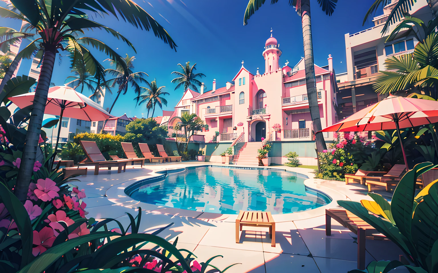 The pink castle is on the right,There is a swimming pool with sun loungers in the middle of the castle,There are stairs, vaporwave mansion, in a candy land style house,Pink beach loungers on the left side of the pool,Surrounded by coconut palms and grass,Plenty of sunshine,beautiful weather,Bright colors,Pink World,vaporwave mansion, jen bartel, Relaxing concept art, Stylized concept art, 3 d render stylized, rossdraws global illumination, art deco outrun anime aesthestic, Resort, ross tran. scenery background, stylized 3d render, author:Seb McKinnon, 3 d stylize scene,Pink coconut tree