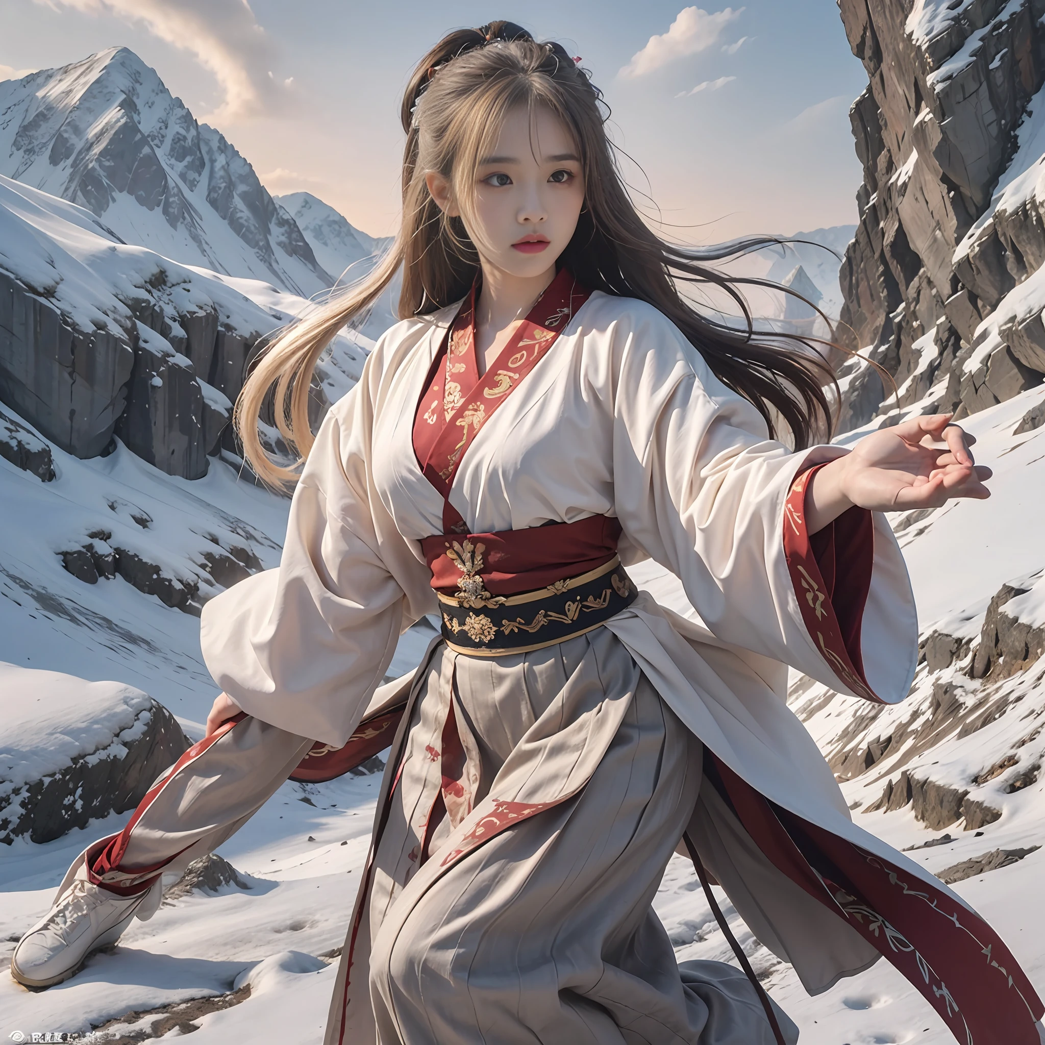8K, super detailing, anatomicaly correct,Fighting posture, A long sword in his hand,Atmospheric light, super detailing, ultra high def, masterpaintings,On the outside,snowy mountain background,wintern,flocos de neve,On the snow,dynamic view,Full body like,scowling, rape face, White hair, disheveled hair, kanzashi, Bloodshot eyes,lightand shade contrast, from from side, Hanfu,a short skirt,Don Dao,Eyes full of details,Optimal proportions of four fingers and one thumb,barepubic hair