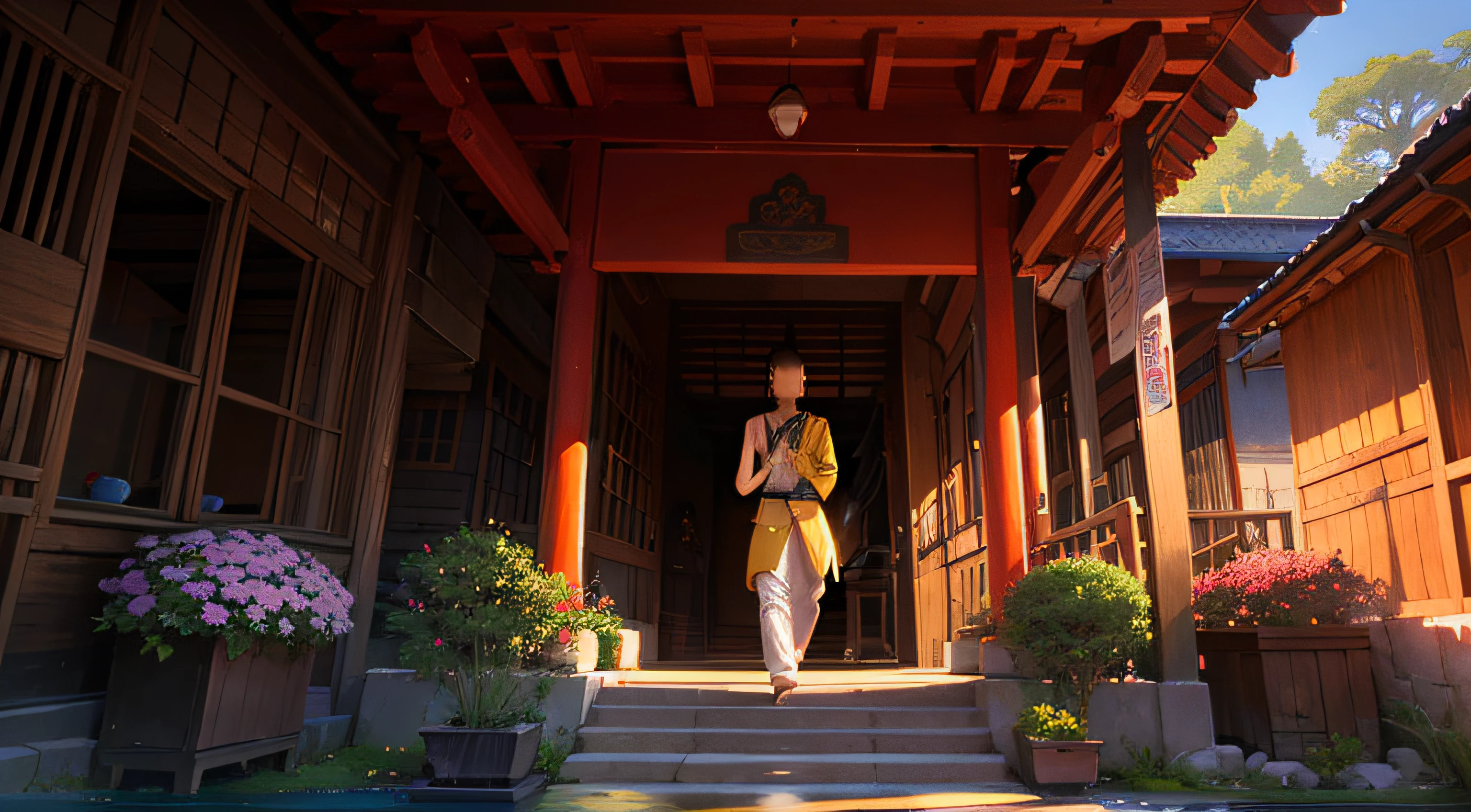 (extremely detailed CG unity 8k wallpaper, best quality, masterpiece), peaceful scenery, serene atmosphere, (Buddha:1.2) walking on a (path:1.1) surrounded by lush greenery, colorful flowers, (water feature:0.9), meditation, tranquility, Nepalese architecture, traditional red-yellow-brown color palette. --auto