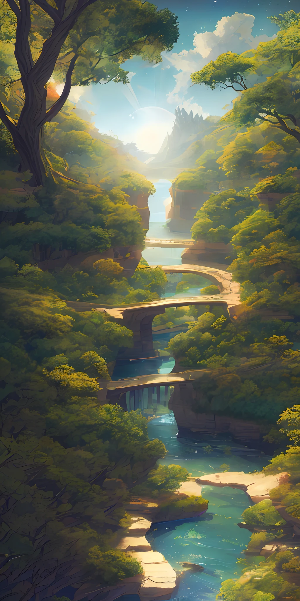 Illustration of a hyperrealistic , otherworldly, ultrasky scene featuring a giant crystal tree full body,very detailed and magical lighting, intricate forest details, vegetation and river around, solarpunk ,landscape, giant tree, beatifull leafy with beautiful lighting and realistic proportions, as if it were a cinematic background, 8k, highest quality, masterpiece, clouds and stars in the sky.