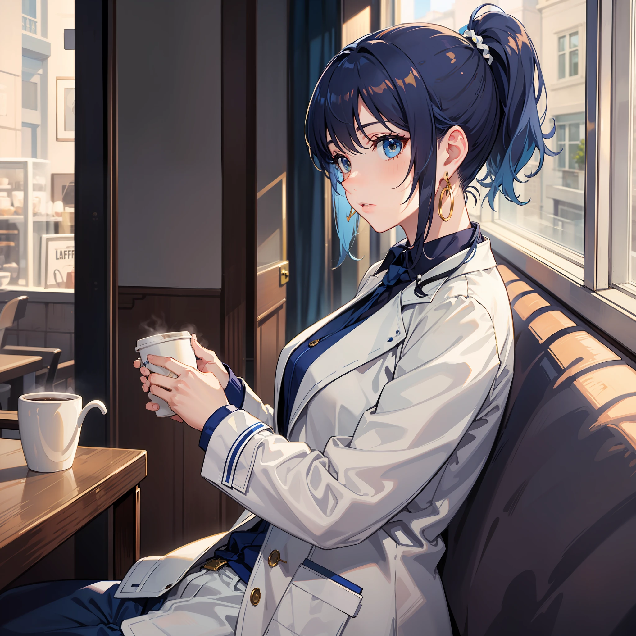 Light blue single ponytail，femal，Long blue earrings，White coat，Ultramarine lining，Holding a coffee cup in his right hand，Cafe，Look out the window，Morning sun，Realistic light and shadow，Golden eyes，Capable style