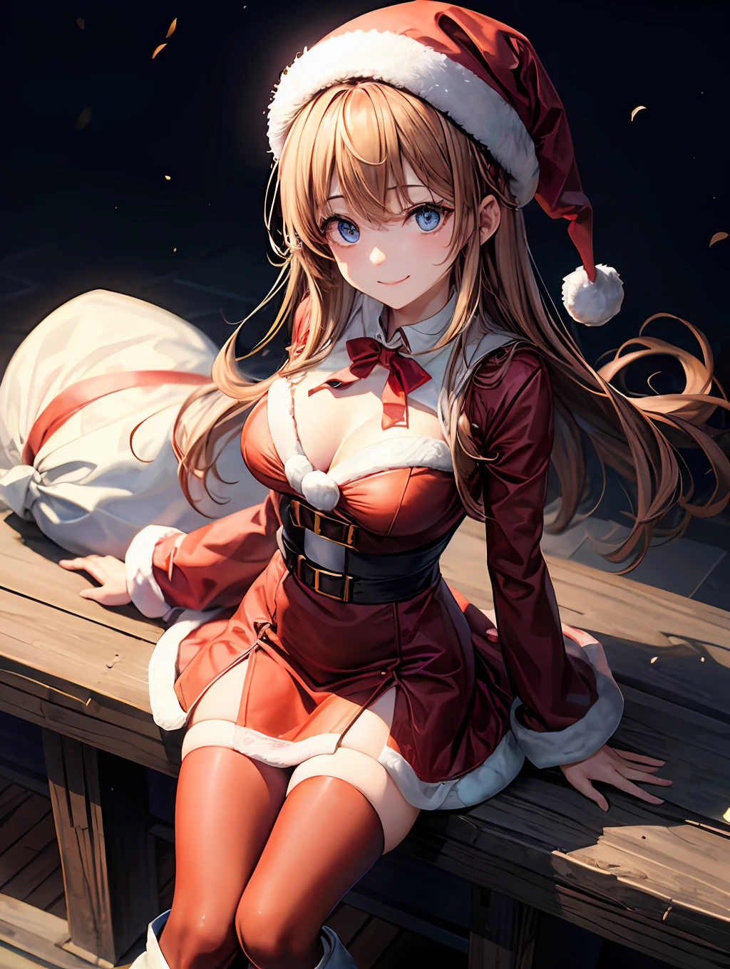 最好质量、One girl、shiraga、Longhaire、Hair fluttering in the wind、Blue eyes、Small face、a smile、Santa Claus Cosplay:1.7、Red sleeves:1.3、big tit:1.5、Open chest:1.4、Constriction、Red miniskirt:1.2、Red tights、Brown platform boots、beauty legs、dim lighting、by night、yuki、No people、View here、Angle from diagonally above、Background blur