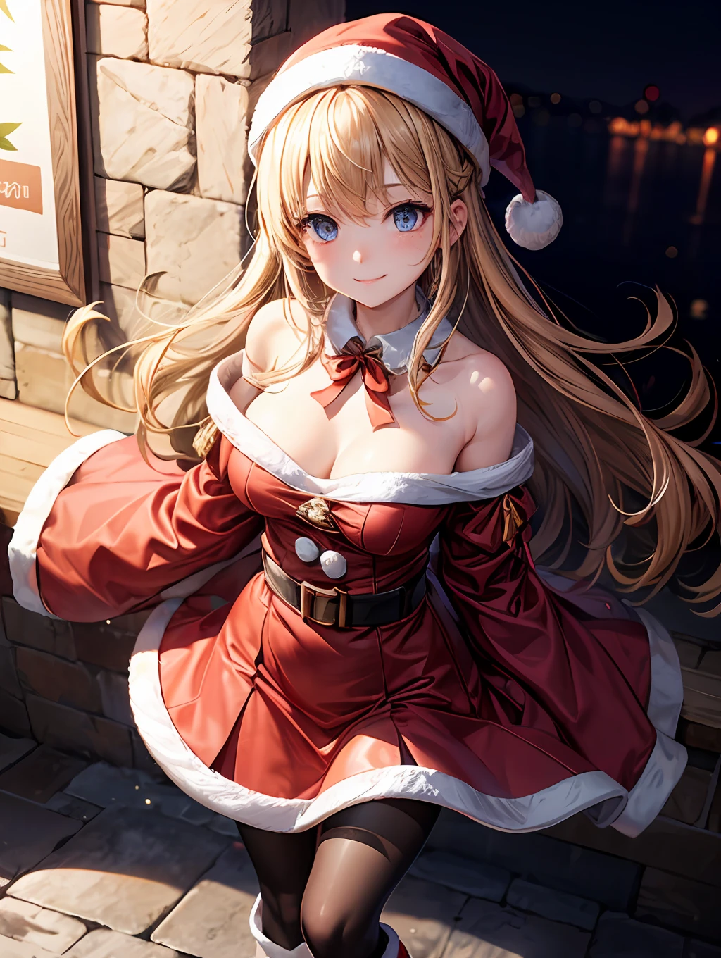 最好质量、One girl、shiraga、Longhaire、Hair fluttering in the wind、Blue eyes、Small face、a smile、Santa Claus Cosplay:1.7、Red sleeves:1.3、big tit:1.5、Open chest:1.4、Constriction、Red miniskirt:1.2、Red tights、Brown platform boots、beauty legs、dim lighting、by night、yuki、No people、View here、Angle from diagonally above、Background blur