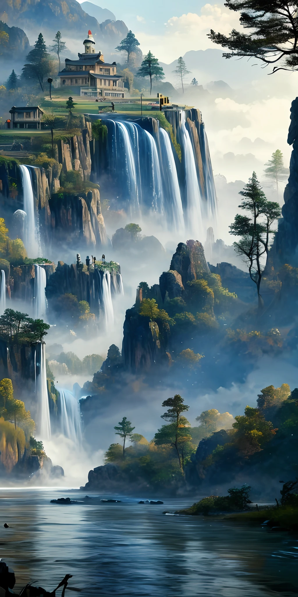 painting of a waterfall in a mountainous area with a house on the top, vertical wallpaper, 4 k vertical wallpaper, 4k vertical wallpaper, 8k vertical wallpaper, 8 k vertical wallpaper, ross tran. scenic background, beautiful mattepainting, 4 k matte painting, detailed scenery —width 672, beautiful iphone wallpaper, avatar landscape, inspired by Raphael Lacoste