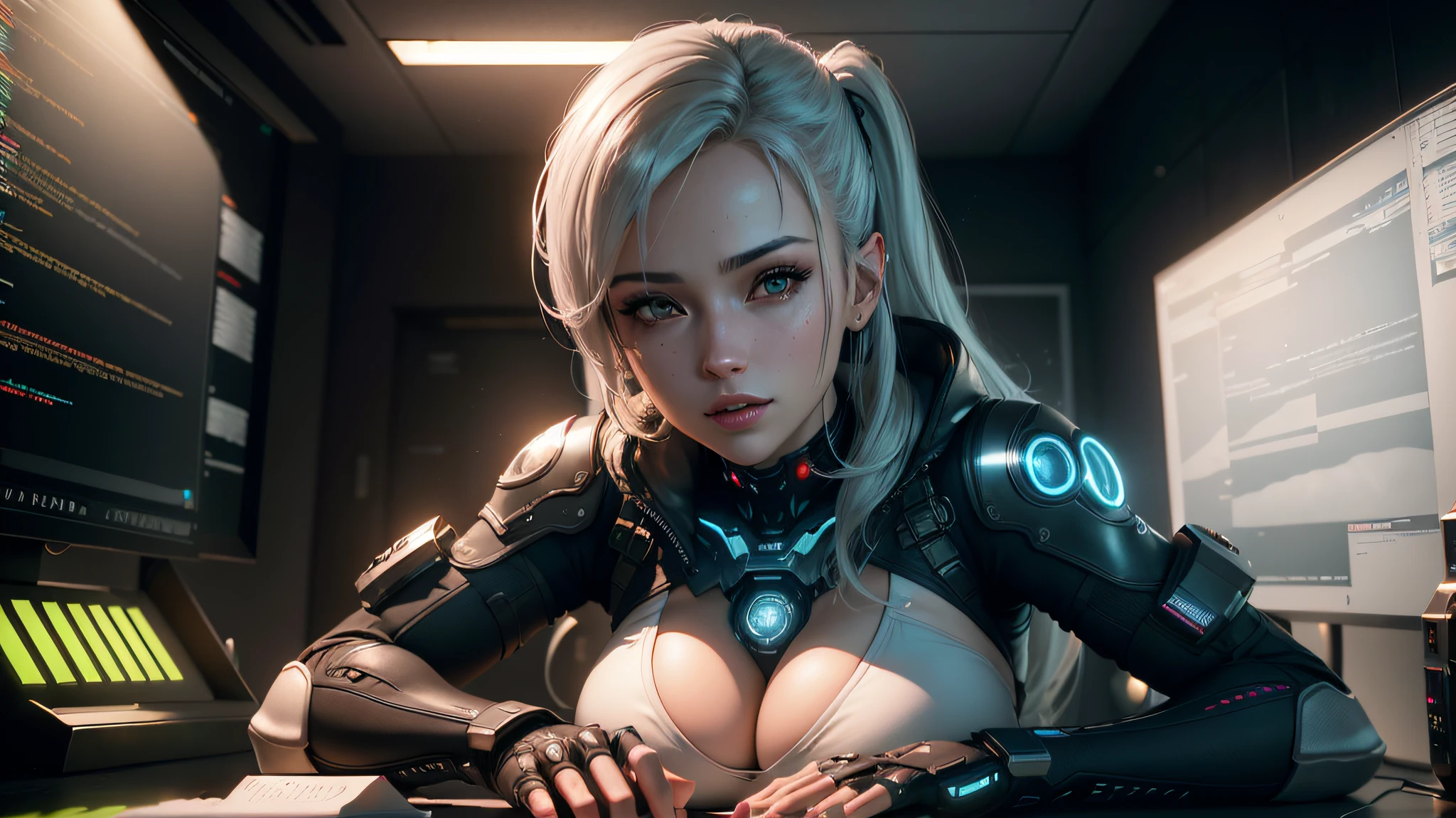 ((Best quality)), ((masterpiece)), (detailed:1.4), 3D, an image of a beautiful cyberpunk female,HDR (High Dynamic Range),Ray Tracing,NVIDIA RTX,Super-Resolution,Unreal 5,Subsurface scattering,PBR Texturing,Post-processing,Anisotropic Filtering,Depth-of-field,Maximum clarity and sharpness,Multi-layered textures,Albedo and Specular maps,Surface shading,Accurate simulation of light-material interaction,Perfect proportions,Octane Render,Two-tone lighting,Wide aperture,Low ISO,White balance,Rule of thirds,8K RAW, --auto