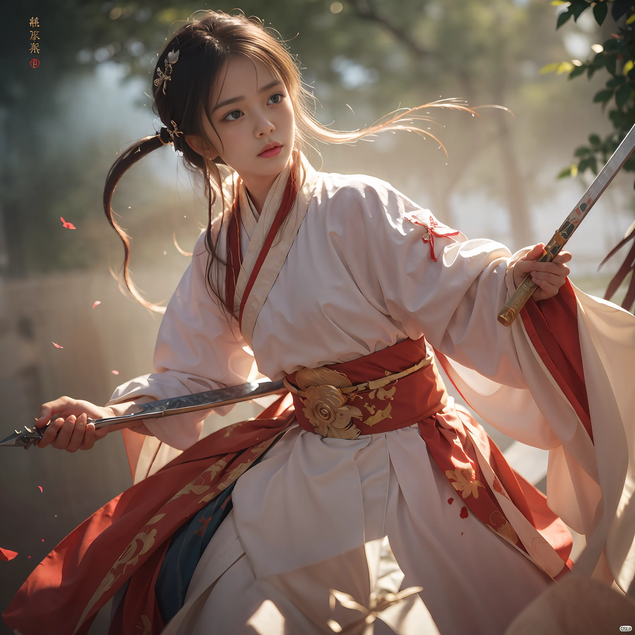 8K, super detailing, anatomicaly correct,Fighting posture, A long sword in his hand, super detailing, ultra high def, masterpaintings,On the outside,dynamic view,Full body like,scowling, rape face, White hair, disheveled hair, kanzashi, Bloodshot eyes,lightand shade contrast, voluminetric lighting, from from side, Hanfu,skirts,Don Dao,Eyes full of details,