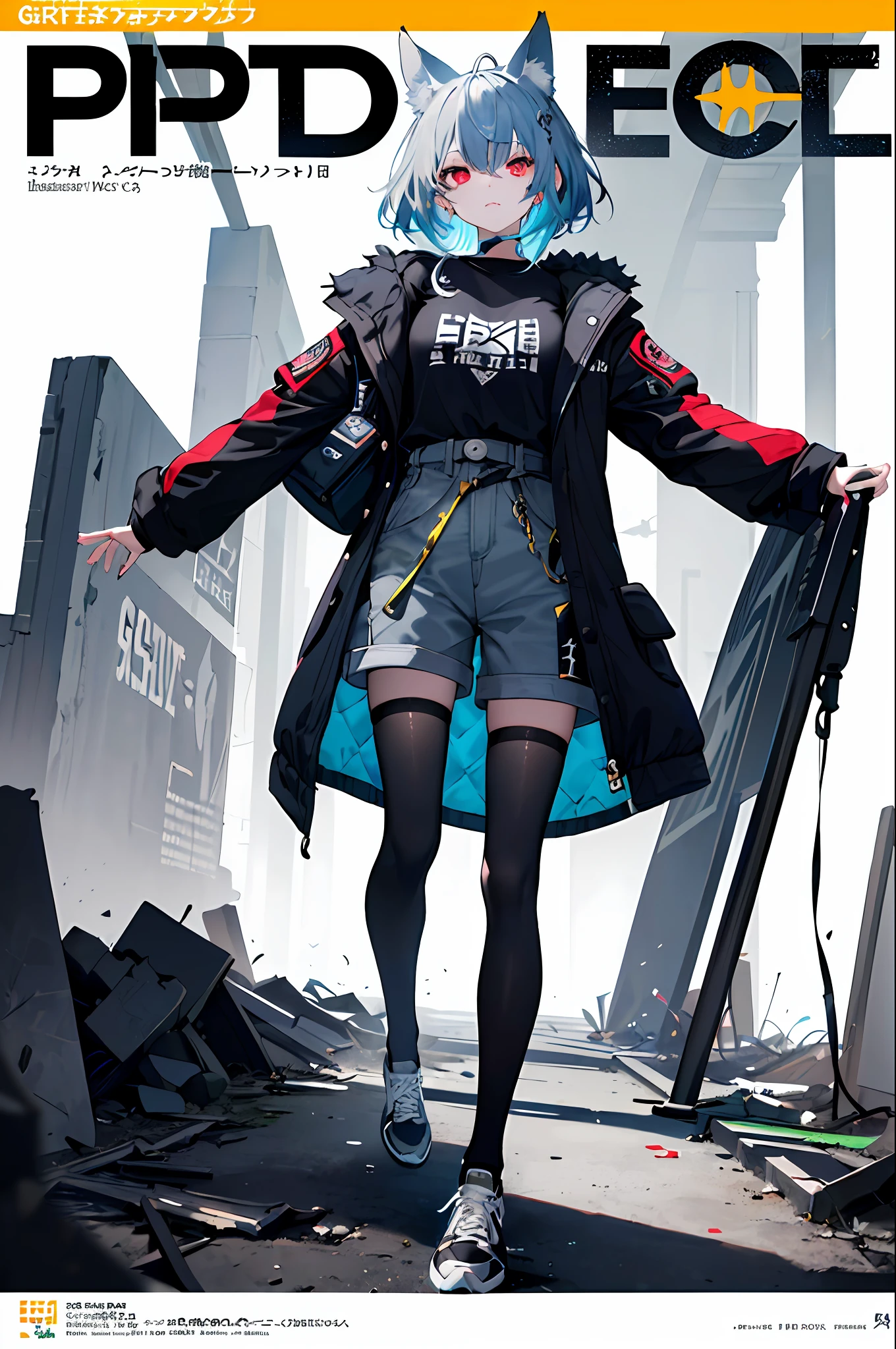 ((((Dramatic))), (((grittiness))), (((Intense))) The movie poster features a young woman as the central character。She stands confidently in the center of the poster,Dress in fashion-forward clothing,with a determined expression on her face。The background is dark and gritty,There is a sense of danger and a strong feeling。The text is bold and eye-catching,With catchy slogans,Adds to the overall drama and excitement。The color palette is dominated by dark colors,Dotted with bright colors,Make the poster dynamic and visually striking,tachi-e (magazine:1.3), (estilo da capa:1.3), lo fashion, woman, vibrant, Outfit, posando, Front,rich colourful,dyna,a backdrop of,element in,confiante,Expression of,Hold,statement,attachment,An majestic,coil,ao redor,tocar,Scenes,text,cover page,boldness,attention-grabbing,titles,lo fashion,typeface,Catchy,titles,Bigger,smart、moderno、Trendy、focus-on、lo fashion、Gray coat,Black shirt,blue hairs,length hair,Fox ears,Red eyes,Gray shorts,black lence stockings,Gray sneakers,Decorated with black and gold clothes,Technologie,neons
