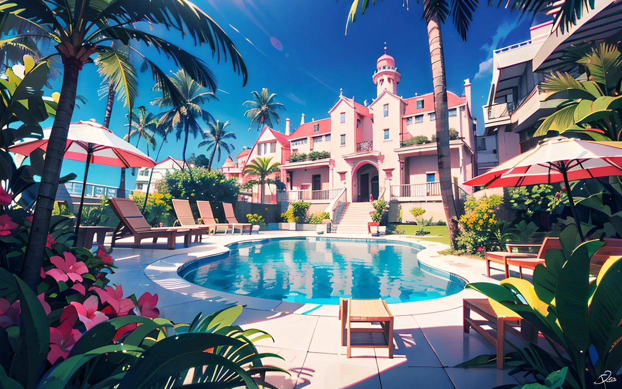The pink castle is on the right,There is a swimming pool with sun loungers in the middle of the castle,There are stairs, vaporwave mansion, in a candy land style house,Pink beach loungers on the left side of the pool,Surrounded by coconut palms and grass,Plenty of sunshine,beautiful weather,Bright colors,Pink World,vaporwave mansion, jen bartel, Relaxing concept art, Stylized concept art, 3 d render stylized, rossdraws global illumination, art deco outrun anime aesthestic, Resort, ross tran. scenery background, stylized 3d render, author:Seb McKinnon, 3 d stylize scene,Pink coconut tree