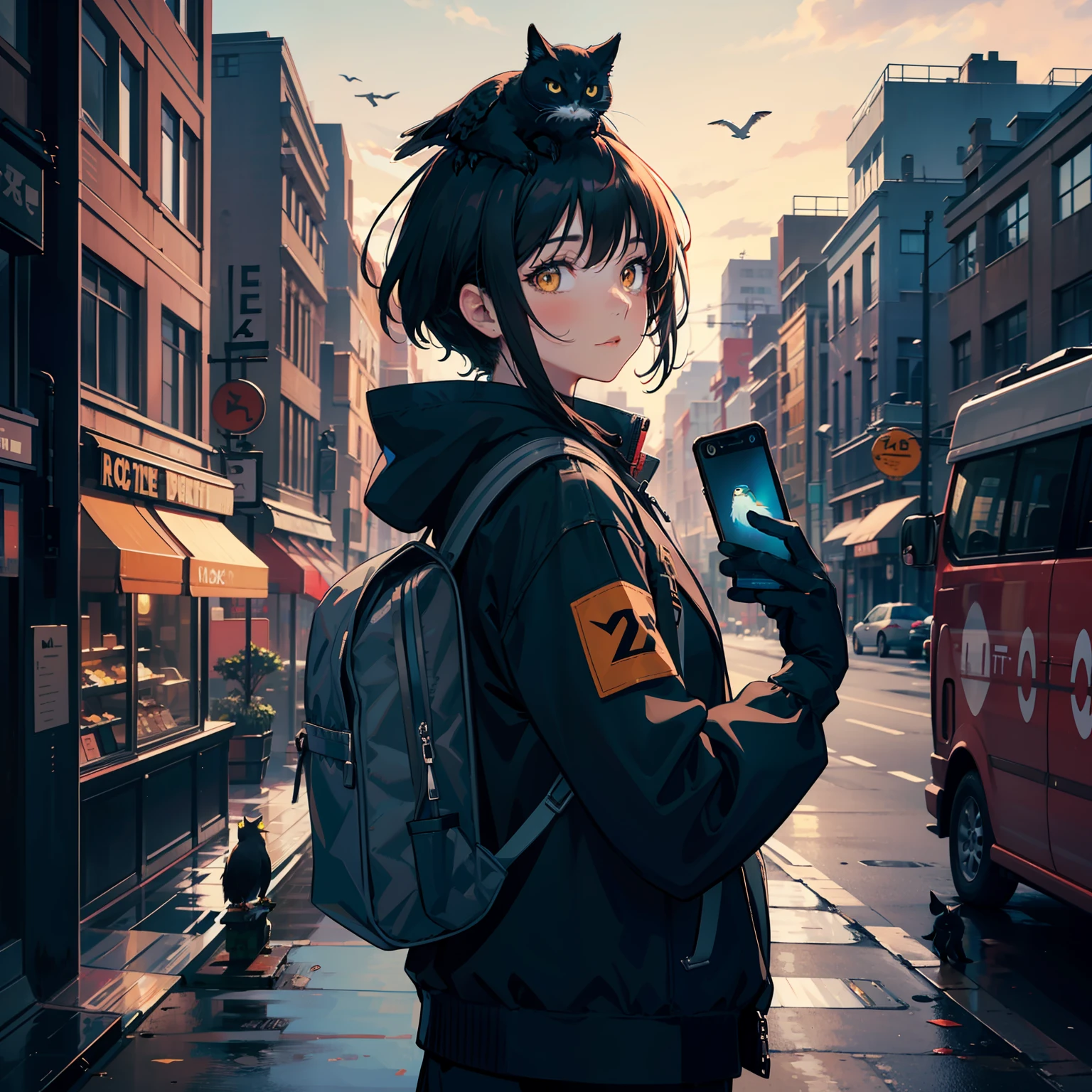 bird, cat, animal, crow, gloves, owl, animal_on_shoulder, black_cat, box, orange_eyes, 1girl, fox, bag, jacket, holding_box, holding_animal, eagle, animal_on_head, holding_cat, phone, holding, black_gloves, penguin, backpack, cellphone, bird_on_head, smartphone, short_hair, yellow_eyes, holding_phone