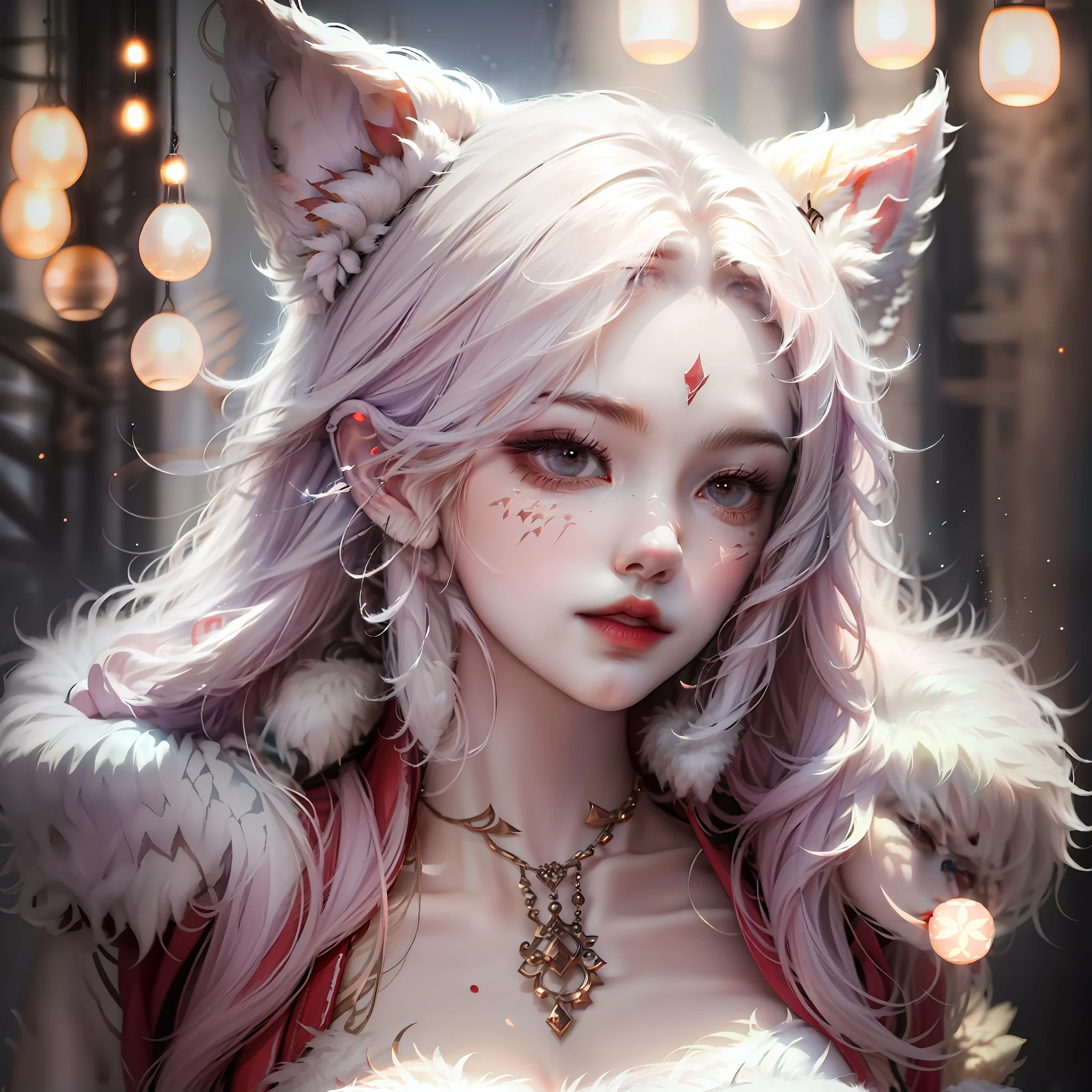 furry, white fur, ultra cute face, red elements on fur, glowing t-shrt, beautiful lights and shadows, ambient light, ultra detailed fur, volumetric light