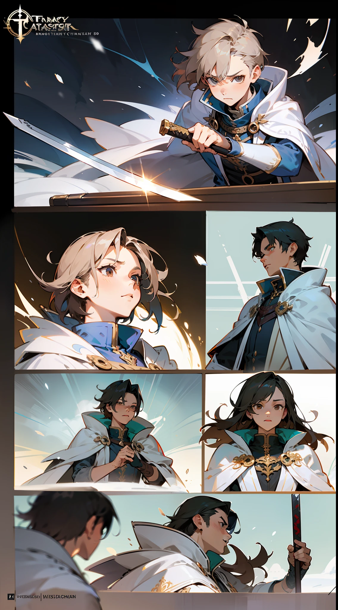 (1boy), rpg game character artwork, Akihiko yoshida + krenz cushart, final fantasy, brown short messy hair, wearing a fantasy regal attire, cape, sword master, facing the camera, with Icy sword in his hand, cyro sword master, pile of ice around him, snow, aggresive sword fighting style, snow mountain, intricate character, design with ornate details, fantasy-realism, expressive face and body language, Delicate linework and shading techniques, elegance sophistication character portrayal --ar 16:9 --style expressive