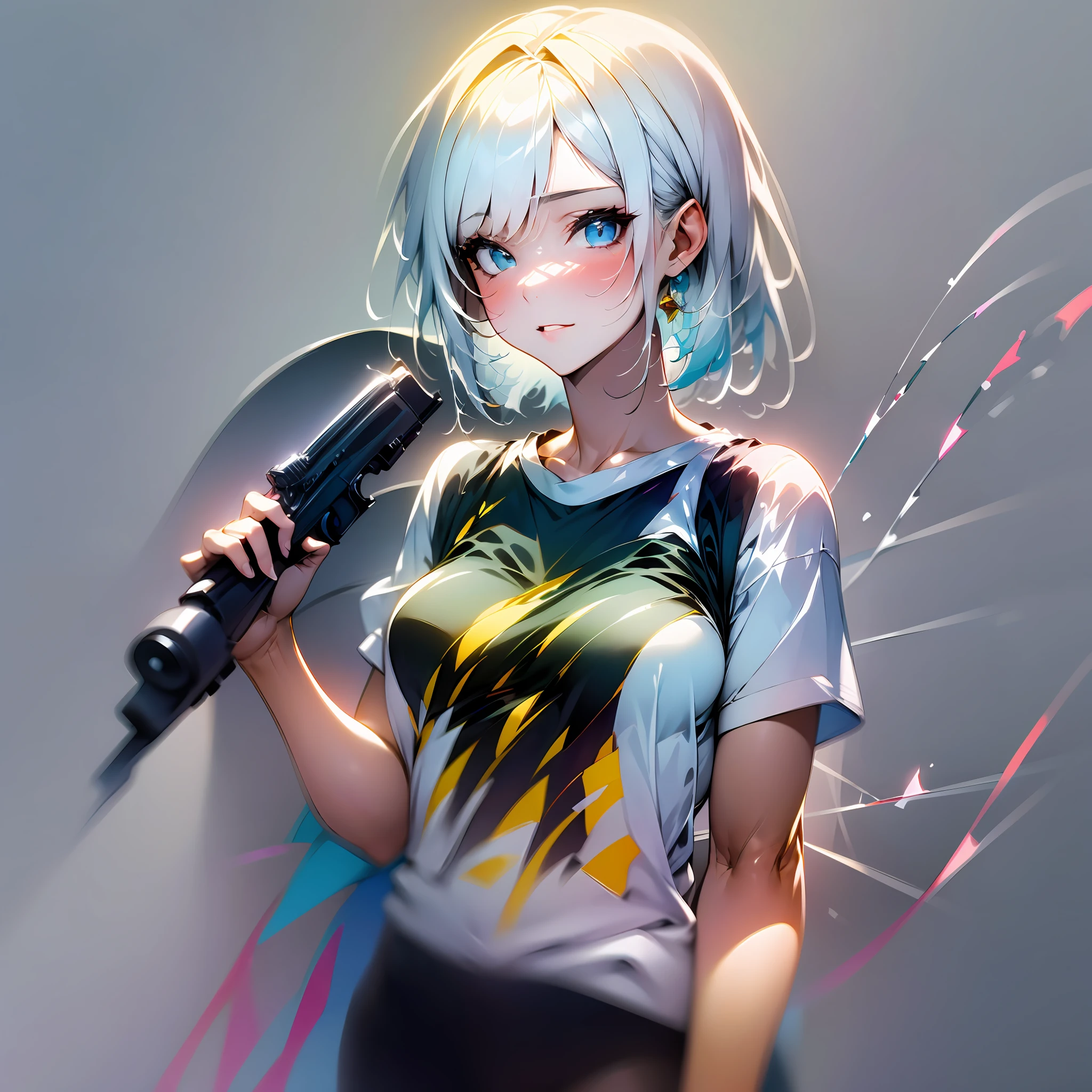 The white-haired girl holds a mosaic gun, which has delicate lines and obvious texture; The subject of this painting is a white-haired girl wearing a brightly colored T-shirt and pants, standing on a gray background, creating a stark contrast. The background is also important, ask for a gray background, but need to highlight the white-haired girl, you can use the bokeh effect. The overall lighting and shadow effect should be expressed as rich as possible to highlight the subject of the picture.