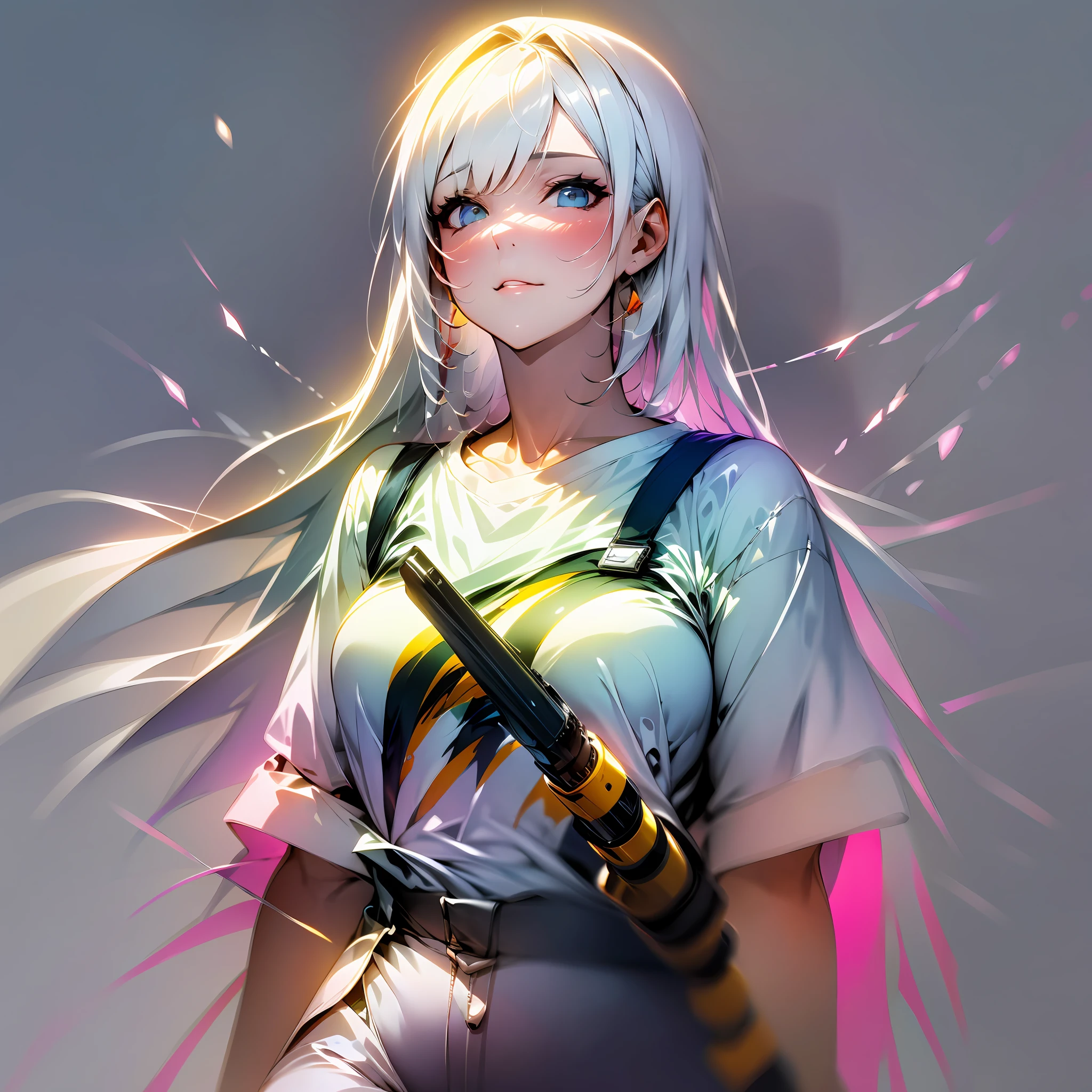 The white-haired girl holds a mosaic gun, which has delicate lines and obvious texture; The subject of this painting is a white-haired girl wearing a brightly colored T-shirt and pants, standing on a gray background, creating a stark contrast. The background is also important, ask for a gray background, but need to highlight the white-haired girl, you can use the bokeh effect. The overall lighting and shadow effect should be expressed as rich as possible to highlight the subject of the picture.