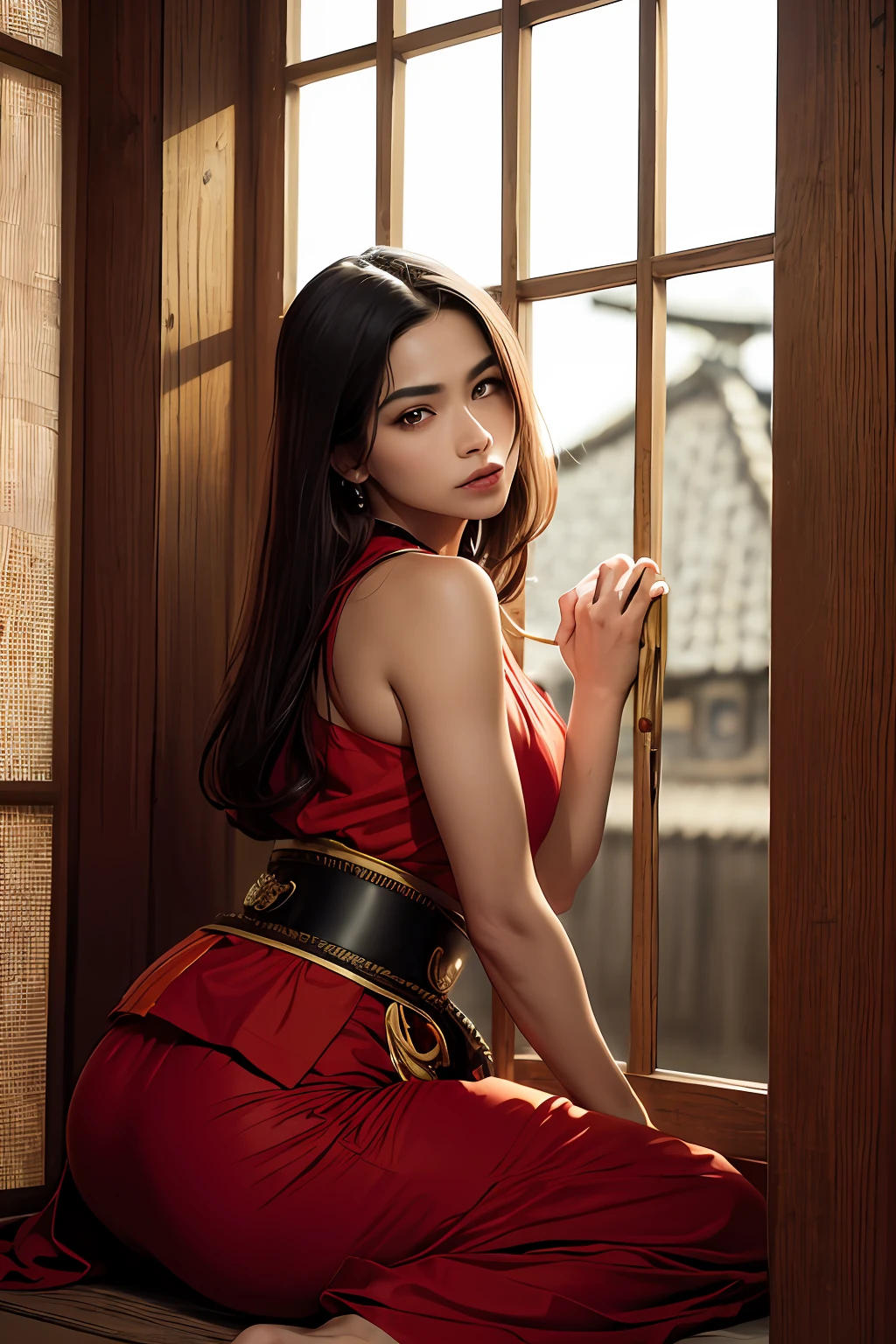 1mulher, mulher, pele clara, olhos brilhantes, Olhos vermelhos, corar, cicatriz, sangue, normal hands, dedos detalhados, boca entreaberta, cabelo longo preto, cabelo grande, cabelo solto, Samurai, Ninja, quimono, traje de luta, arte marcial, pose de luta, oriental, flor, reflexo, unveiled, without covering the head
