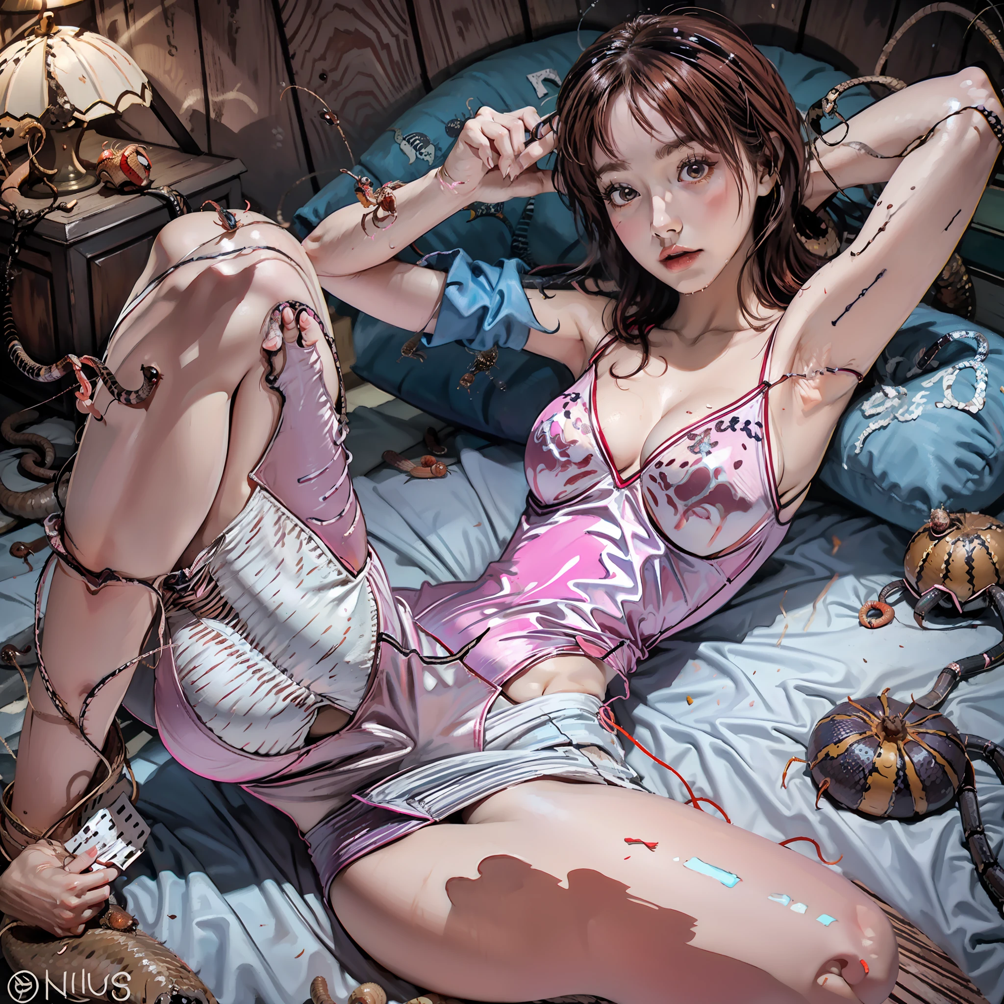 surreal), (illustration), (high resolution), (8K), (extremely detailed), (best illustration), (beautiful in detail), (best quality) , (super detail), (masterpiece), (background), (face detail), solo, (active pose), full body shot,background on the creepy old witch's bed, the broken wooden bed, torn mattress, snakes and earthworms crawling around, spiders and scorpions around, a girl in pajamas sleeping on a bed full of snakes, worms, spiders, scorpions, girl in sleeping position sexy girl in pink thigh short nightgown see through thin, see through bra inside and bikini bottom tight tight full of water, wet bikini bottom, smooth white girl skin , hair is loose on the bed , brown hair , 2 smooth white hands , left hand is being wrapped by snakes , right hand is crawling up with worms , girl's chest has worms , spiders crawl up , breasts stretch , white thighs smooth , long legs , 2 legs stretched , camel toes , 2 girls legs with milky fluid , fluid dripping on thighs and legs , girl legs without muscles , slim legs , bare feet , belly girl with pink glowing heart tattoo cover image of sleeping girl stretching her legs out next to snake spider worm