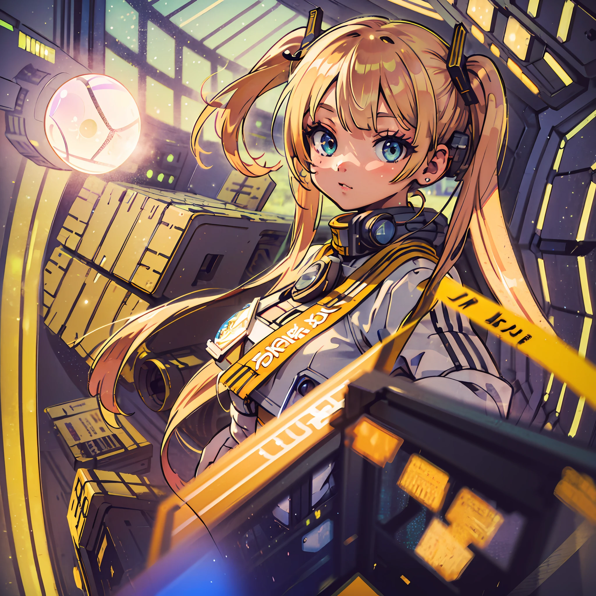 (award winning 64k concept art:1.3) of (young woman looking at the spaceship:1.3), close to camera, sweet, front, epic, (masterpiece:1.4), (best quality:1.4), Amazing, beautiful, finely detailed, (Depth of field:1.4), extremely detailed 64k, fine art, stunning, (light reflections:1), (crisp:1.6), red twin tails, vibrant, (edge detection:1.4), absurdres, impressive, 120mm, clear, lens flare, wide shot, wide angle, colorful