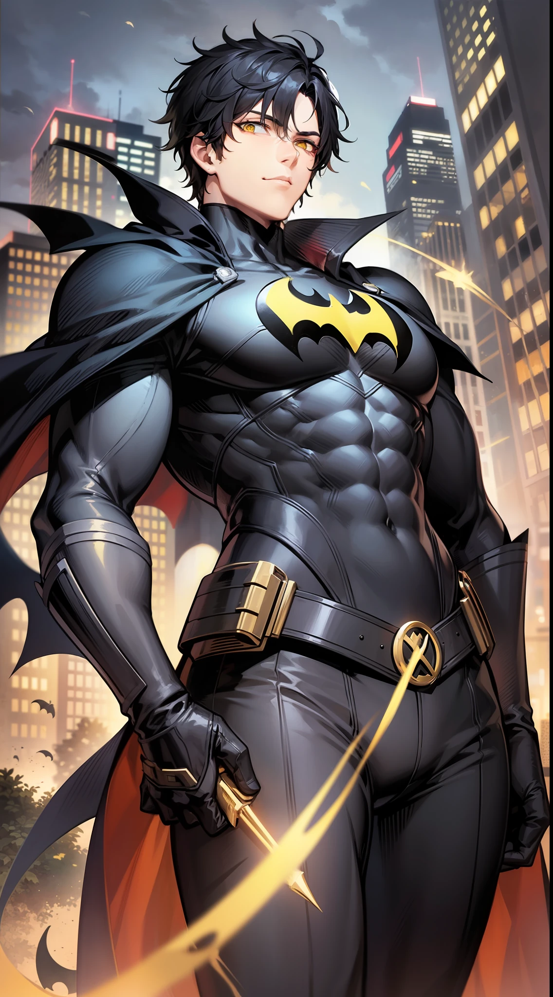 Tall guy, Short black hair, Yellow eyes, Batman, Masterpiece, high qulity