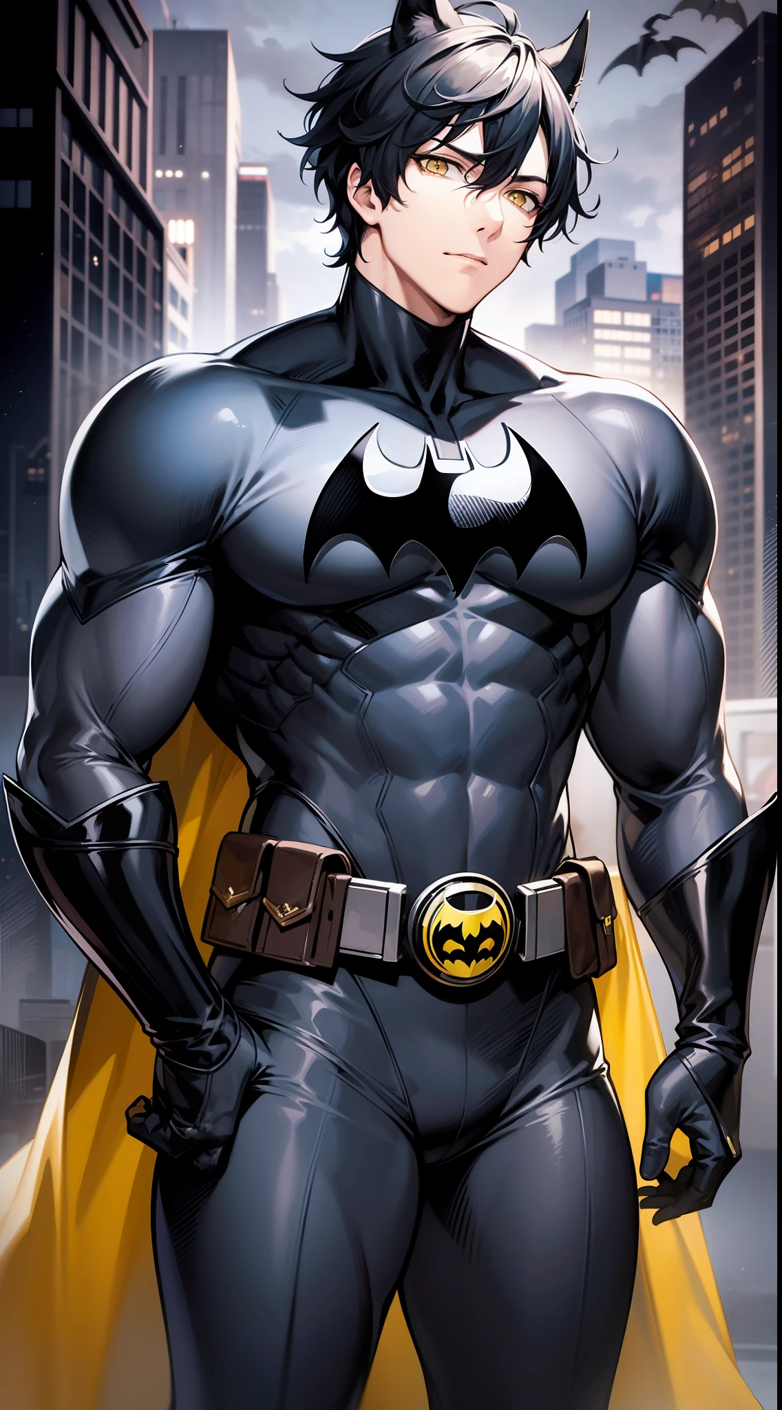 Tall guy, Short black hair, Yellow eyes, Batman, Masterpiece, high qulity