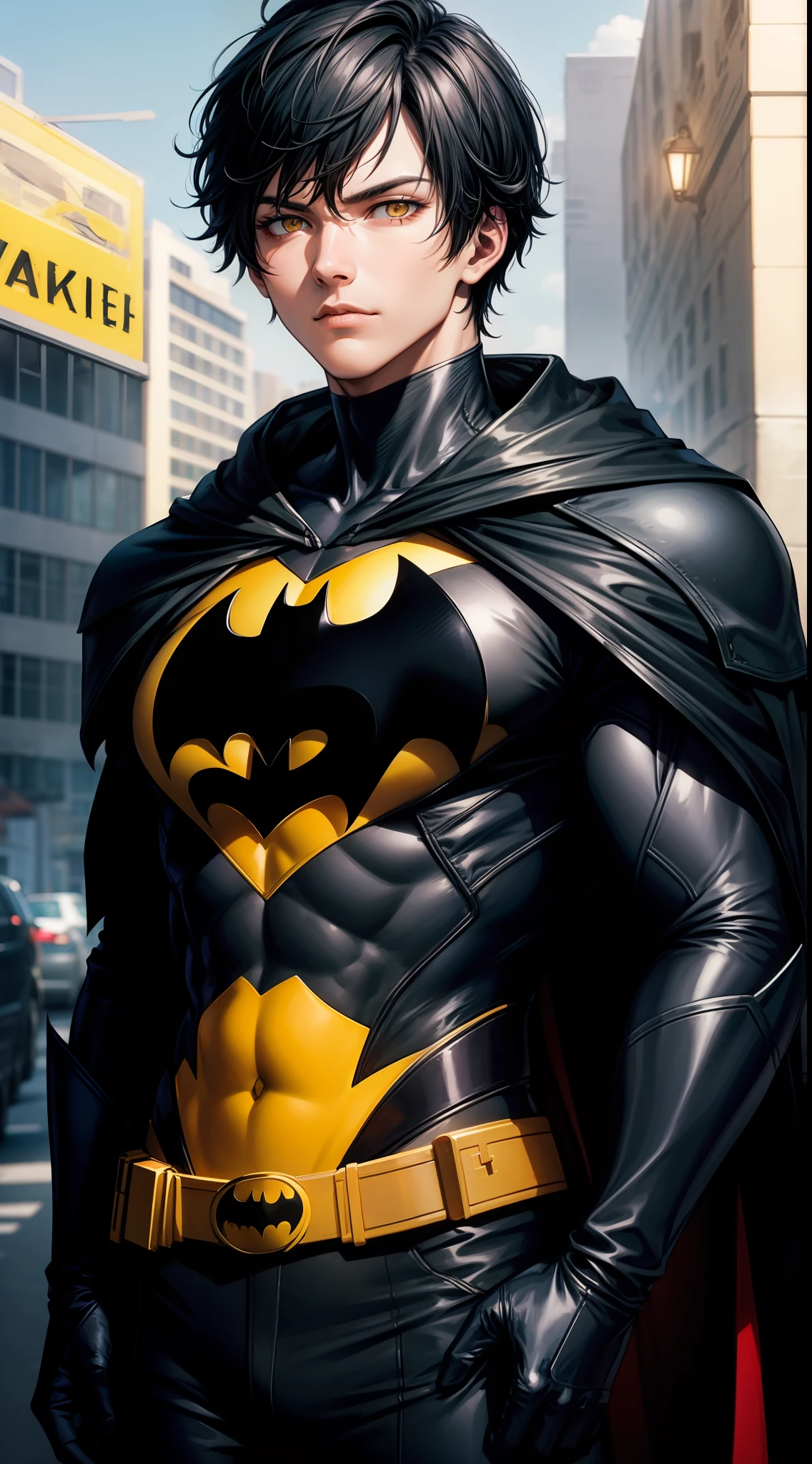 Tall guy, Short black hair, Yellow eyes, Batman, Masterpiece, high qulity