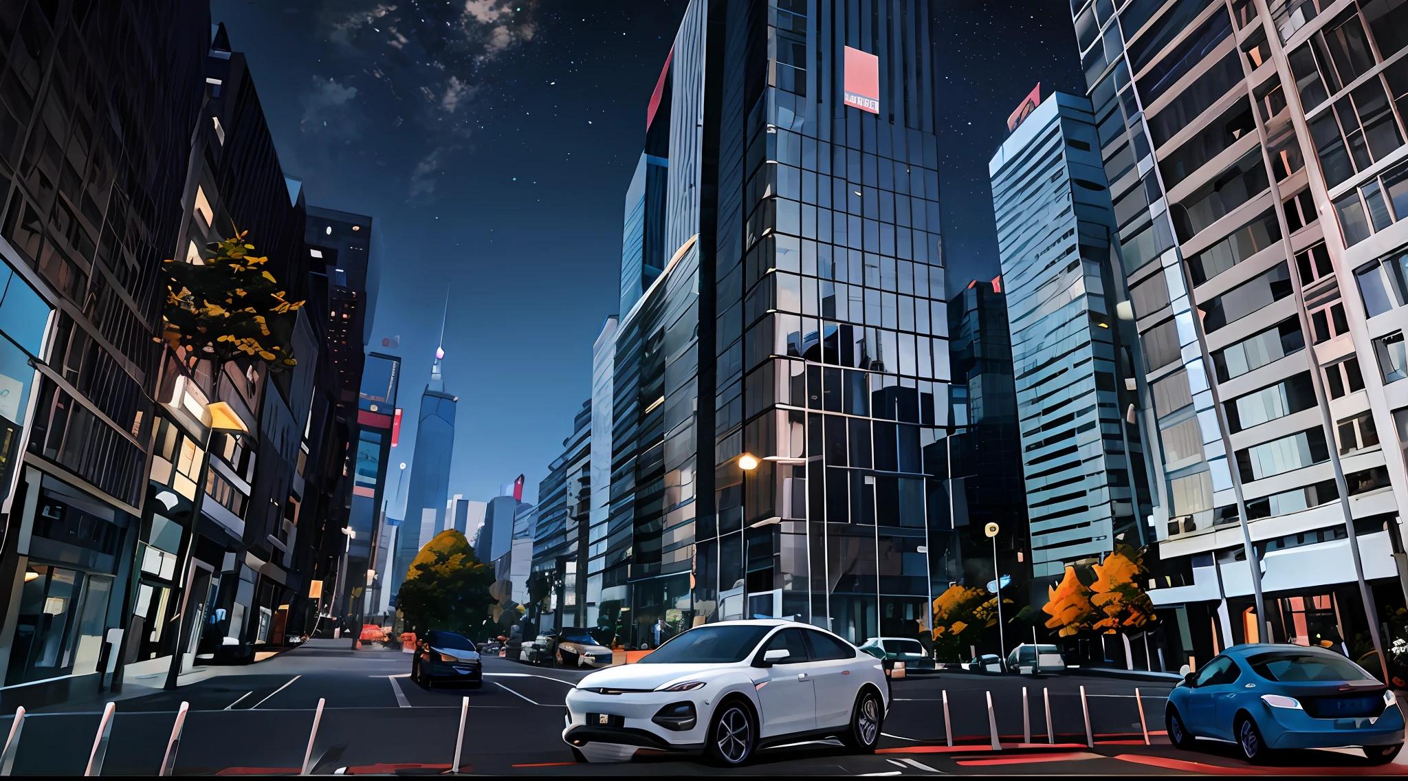 octane,Sky,stars(Sky),scenery,Starry night,Night,Night sky,solo,exteriors,architectural,Clouds,the Milky Way,oras,Cutout,urban landscape,White car
