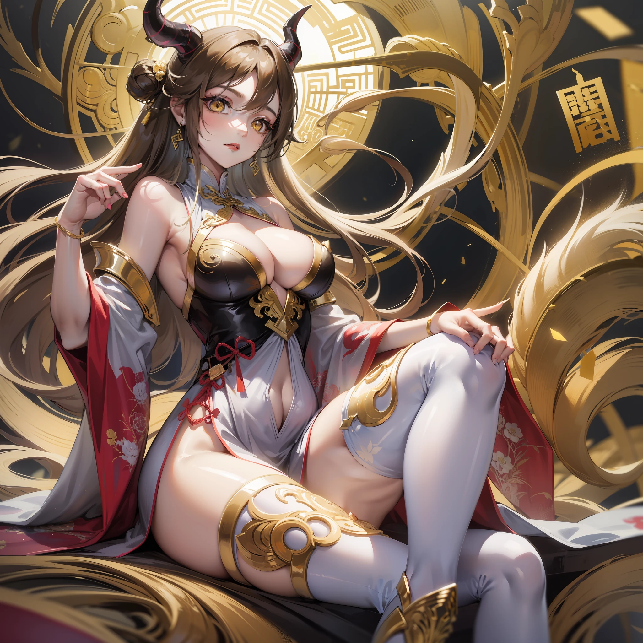 Tall girl, golden eyes, light-brunette, white-gold, tight Chinese outfit, dragon horns and tail, divine light, emotionless look