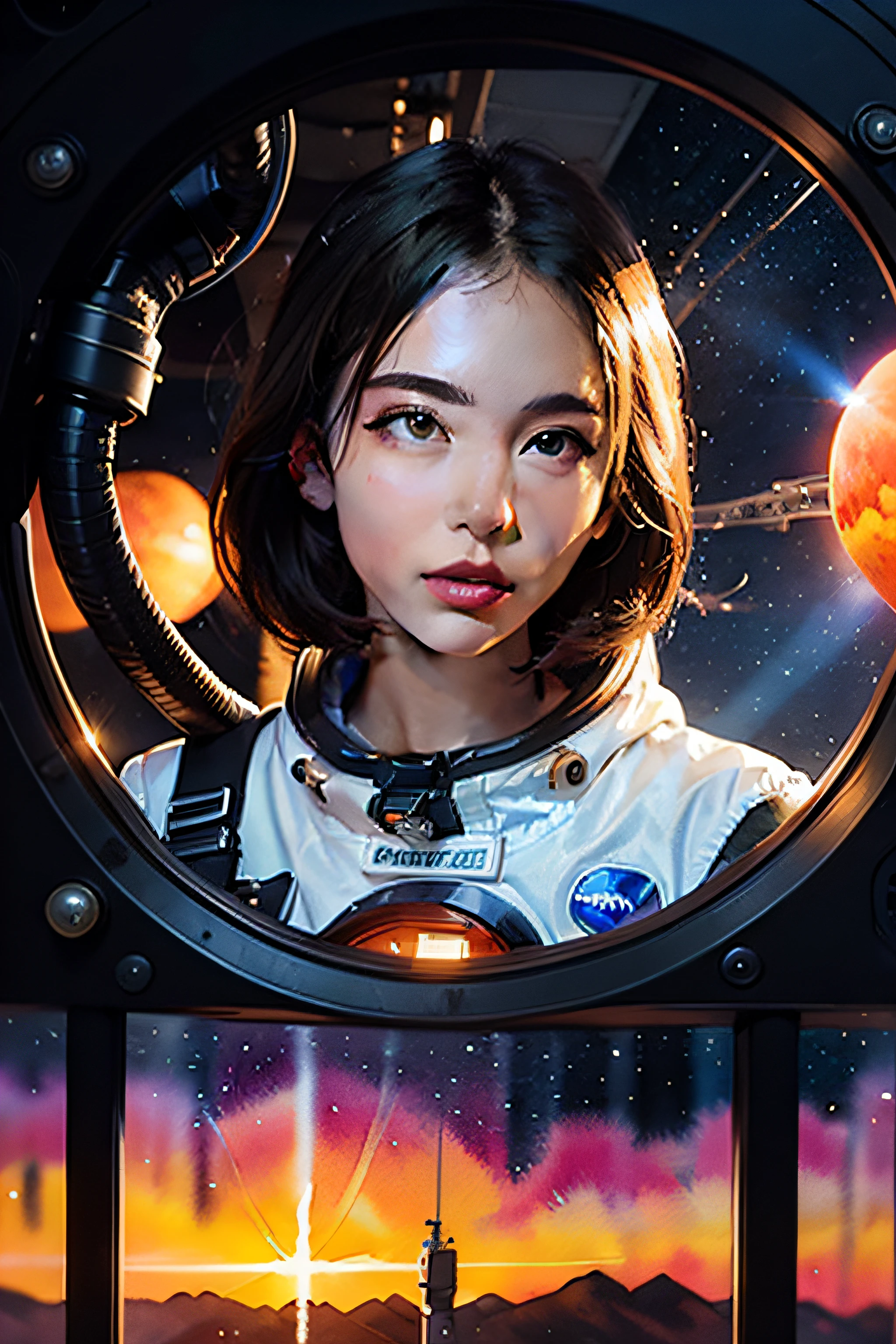 (masterpiece, top quality, best quality, extreme detailed, highest detailed, official art, beautiful and aesthetic:1.2), colorful, cowboy shot, beautiful face, solo, perfect body, 1girl, in space, spacecraft, spacesuit, sun rays, indoors, (wires and cables:1.1), (science fiction:1.2), porthole, illuminator, stars,fantasy, high contrast, ink strokes, explosions, over exposure, purple and red tone impression , abstract, ((watercolor painting by John Berkey and Jeremy Mann )) brush strokes, negative space,