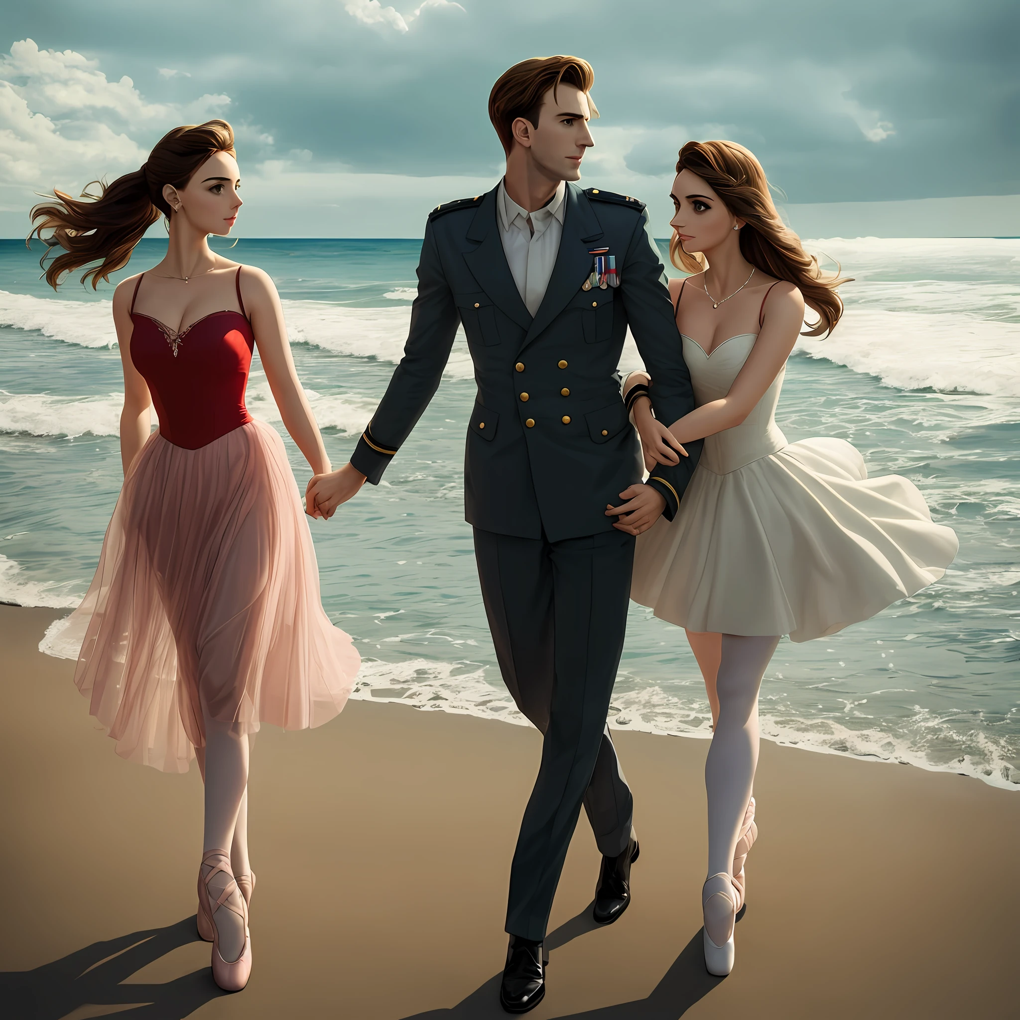 Foto super realista, Aesthetics 50s. Um casal juntos em uma praia. The woman has the characteristics of Ana de Armas in ballerina clothes; and the man has the characteristics of Chris Evans, Dressed in an aviator uniform of the American Armed Forces; The two are together in a romantic cinematic image with a dramatic air. --auto