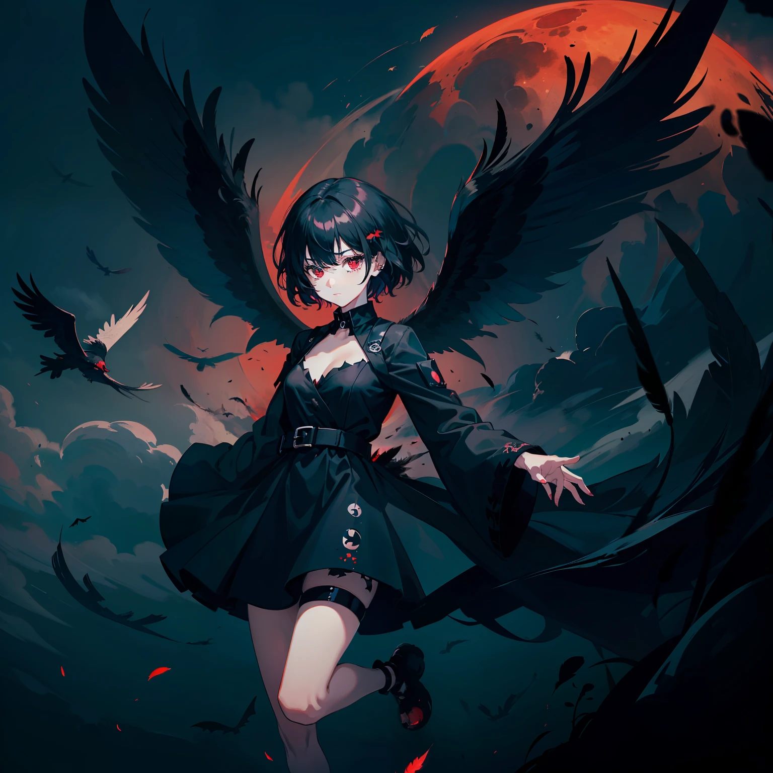 Floating black ashes, Beautiful and detailed black, red moon, ((The black clouds)), (black Wings) , a black cloudy sky, burning, black dress, ((Black fog)), Red eyes, (black smoke), ((Black feathers floating in the air)),bat, (floating black cloud:1.5),takemi tae,